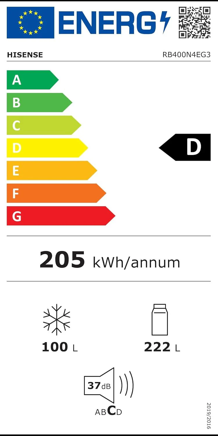 Hisense RB327N4ADD Koelvriescombinatie, EEK D, Total NoFrost, Verwisselbare Deurscharnieren, Flessenrek, 171 Liter Koelgedeelte, 85 Liter Vriesgedeelte, Roestvrijstalen look