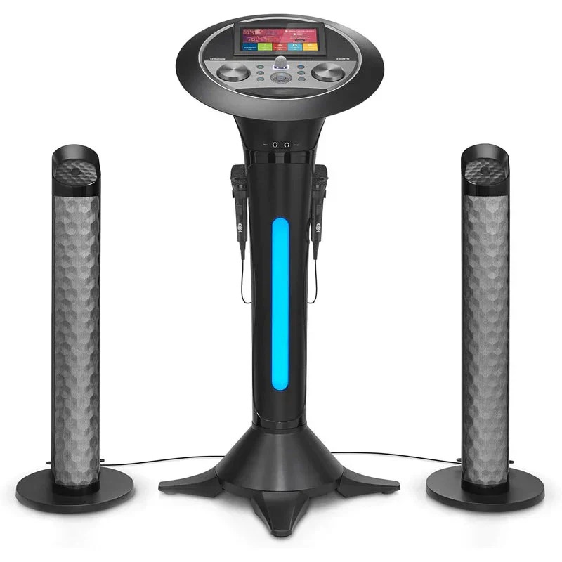 Portable WiFi Karaoke Machine for Adults – Black Pedestal with 7” Touchscreen, Built-In Speaker, Bluetooth, Recorder & 2 Wired Microphones