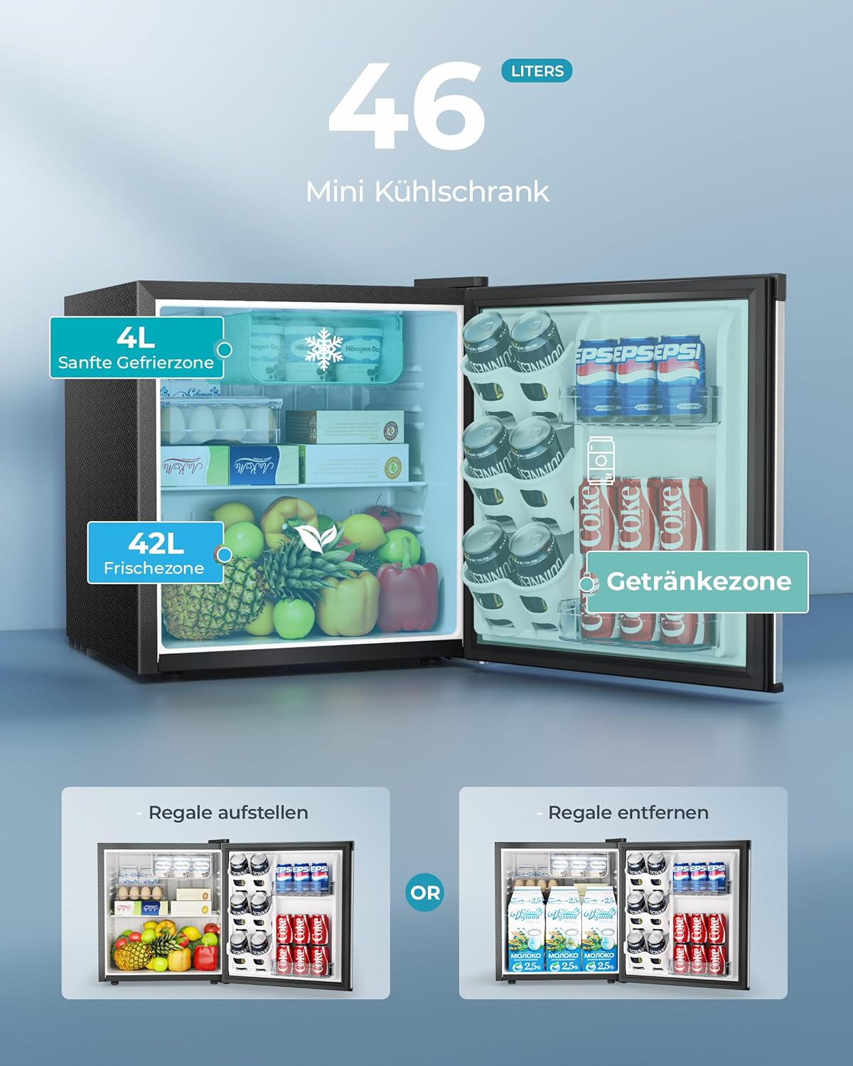 EUHOMY Mini Kühlschrank, 46L Kühlschrank klein, kleiner Kühlschrank mit umkehrbarer Tür, 7-Stufen Thermostat, 38dB Ultra-Leise, Energieeffizienter Kompaktkühlschrank für Schlafzimmer, Büro