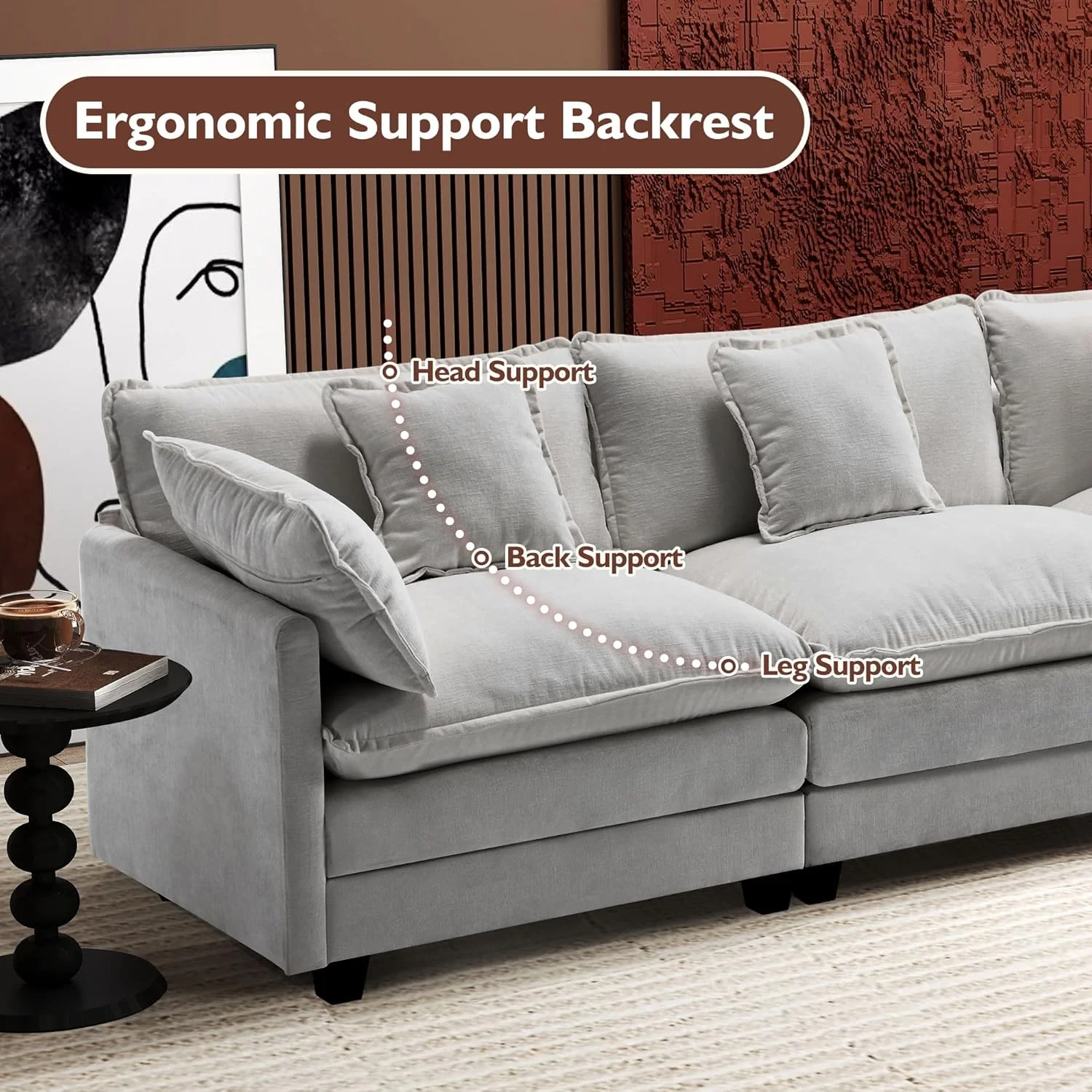 111.4 Inch L-Shaped Modern Sofa Modular Cloud Sofa Ottoman 4-Seater Chenille Deep Seat Sofa