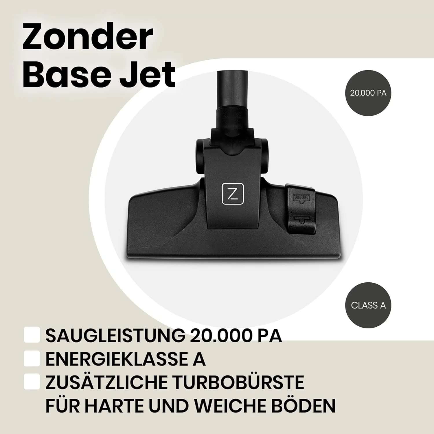 ZEEGMA Zonder Base Jet Aspirapolvere senza sacco con set di accessori, Potenza 899W Potenza di aspirazione 20 000 Pa, Tecnologia ciclonica, Turbospazzola, 2 filtri HEPA, Contenitore polvere 2L