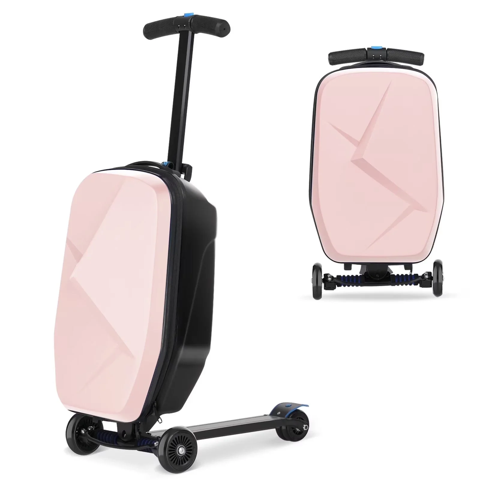 Advwin Scooter Luggage for Kids & Adults, Hardside Ride on Suitcase for Kids Ages 4-15 Multifunctional Lightweight Foldable Carry on Luggage with Wheels Ride on for Children Teenagers, Pink