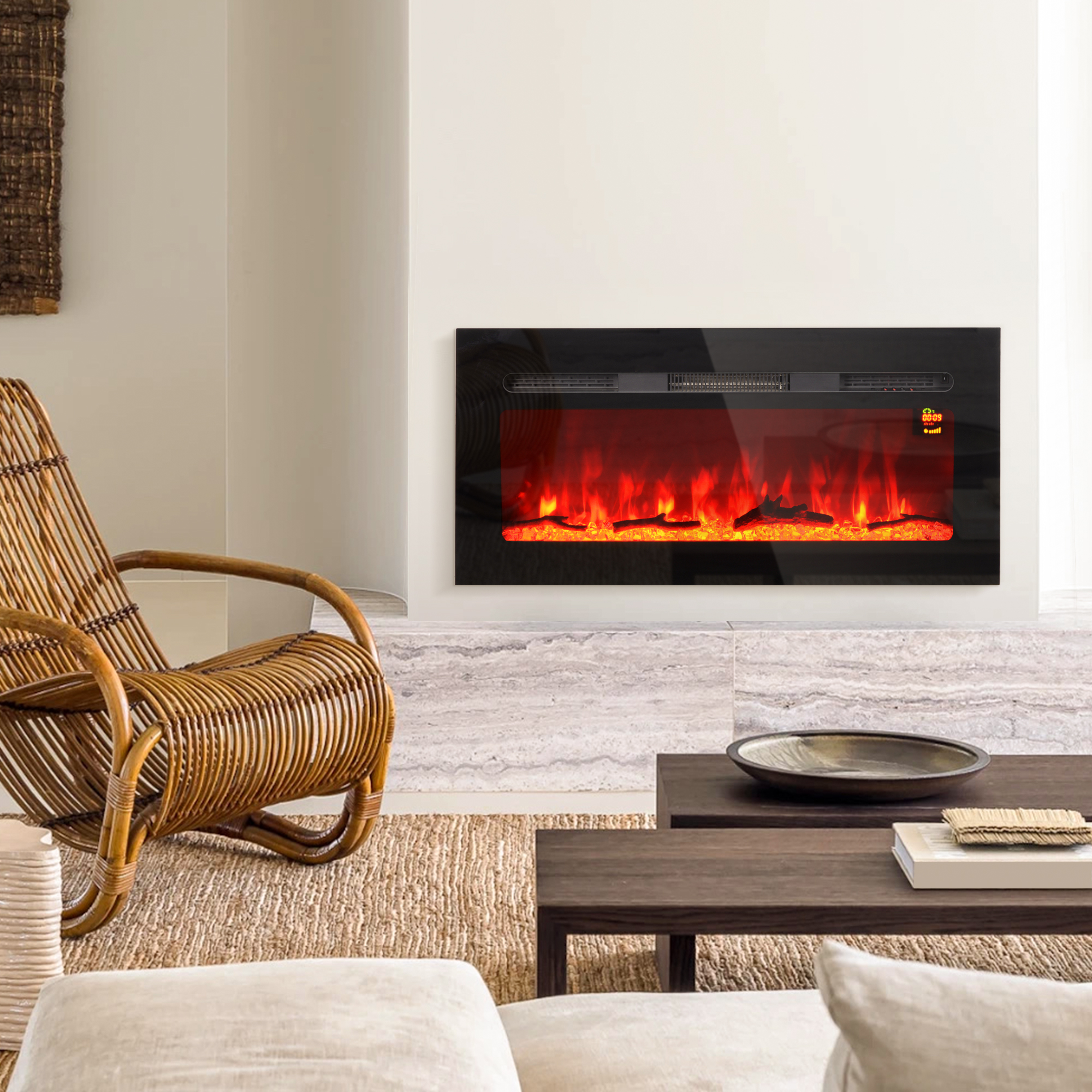 HOMCOM Elektrische Haard voor Wandmontage met Afstandsbediening, Kunstmatige Houtblokken en Kristallen, 1800W, Zwart