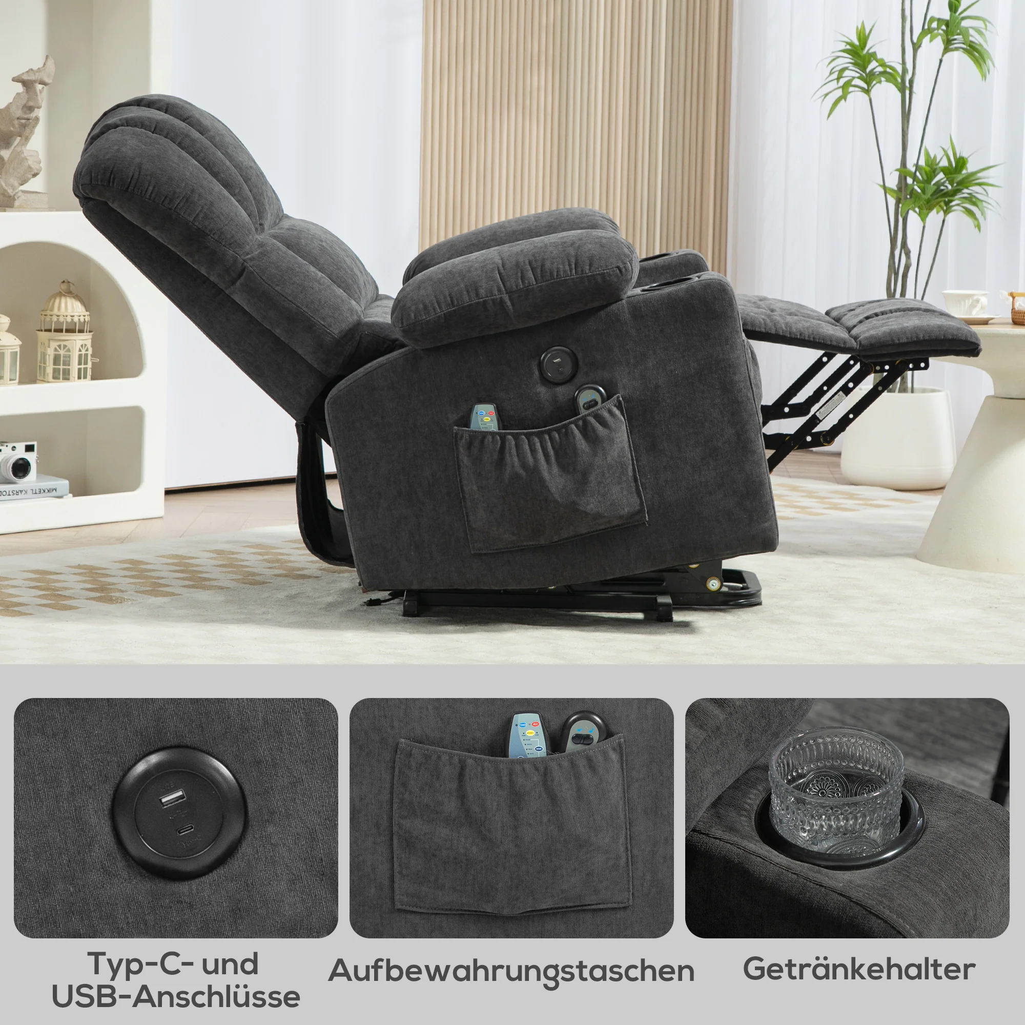 HOMCOM Elektrische Power Lift Sta-op-Stoel met Massage- en Verwarmingsfunctie, USB-Aansluitingen, Bekerhouders, Donkergrijs