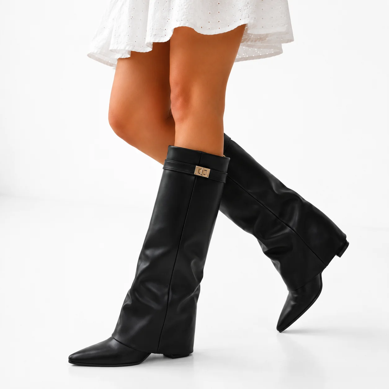 Women��s Knee-High Vegan Leather Boots Pointed Toe Design