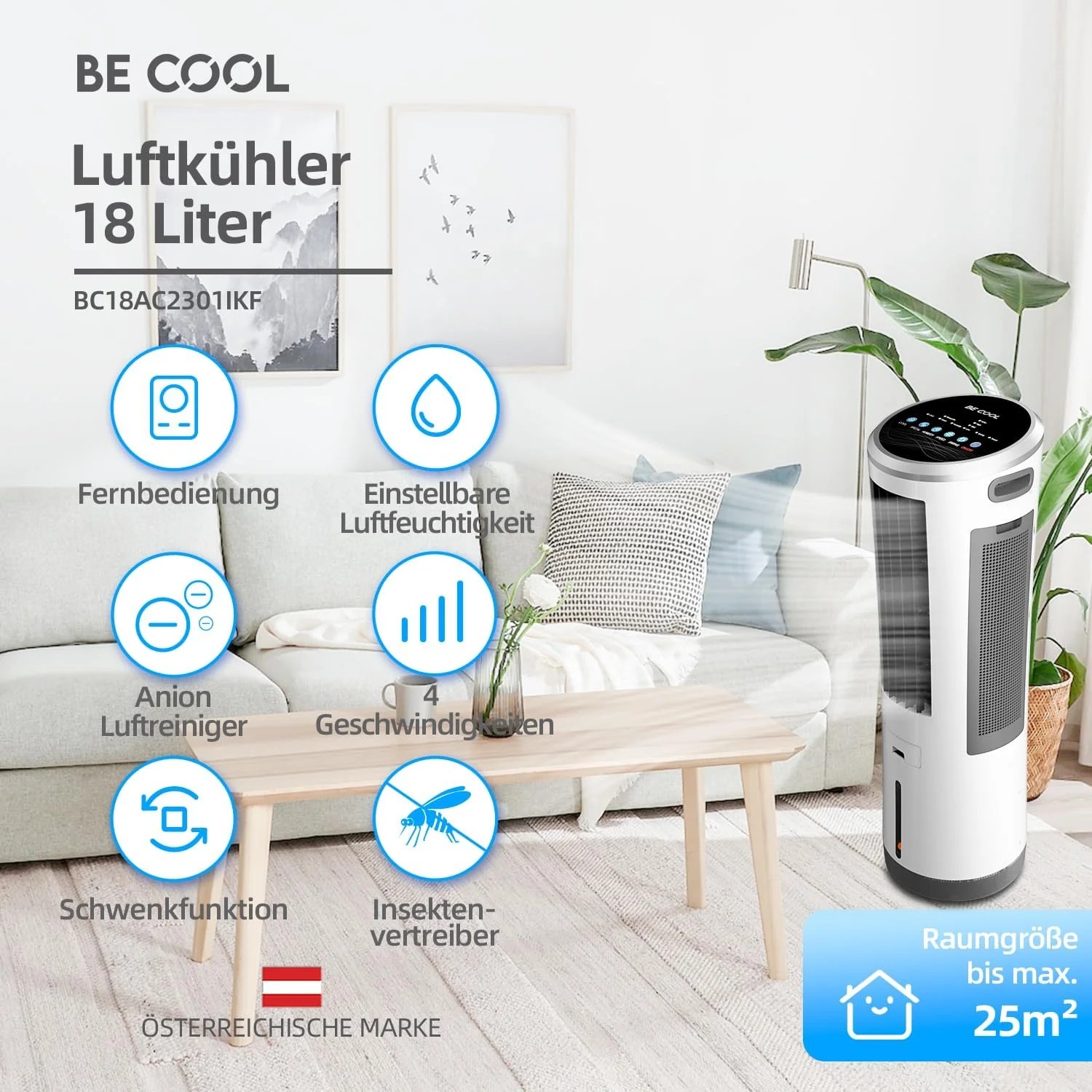BE COOL 5az1-ben léghűtő vízhűtéssel - párologtató hűtő, ventilátor, párásító, légmosó, szúnyogriasztó funkció - 110 Watt, 18 literes víztartály, légkeringetés: 1600m³/h, távirányító, fehér/szürke
