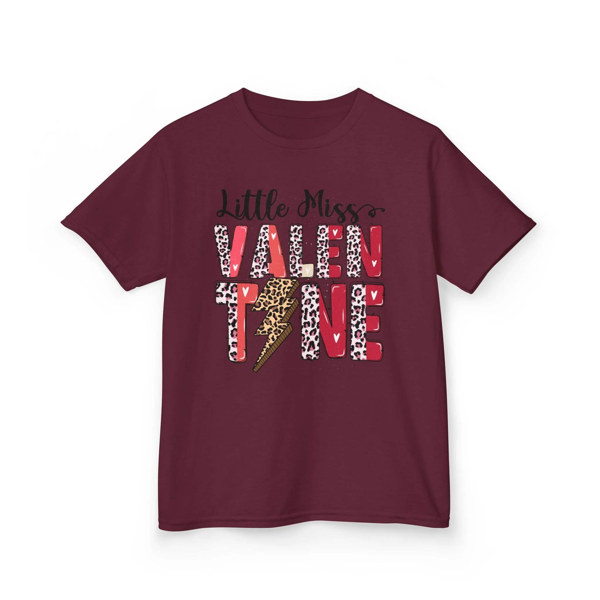 Little Miss Valentine Kids Tee | Leopard Heart Lightning Design