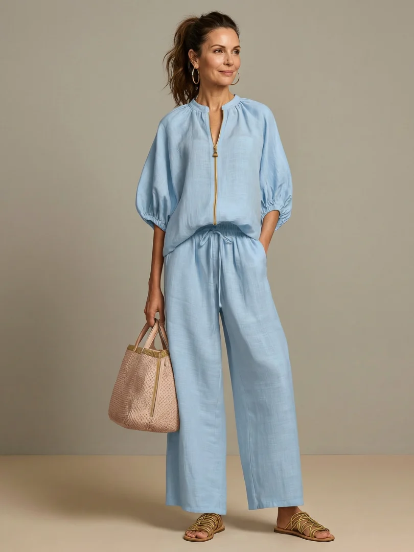 Women��s Two-Piece Zip Front Blouson Top and Wide Leg Trousers Set