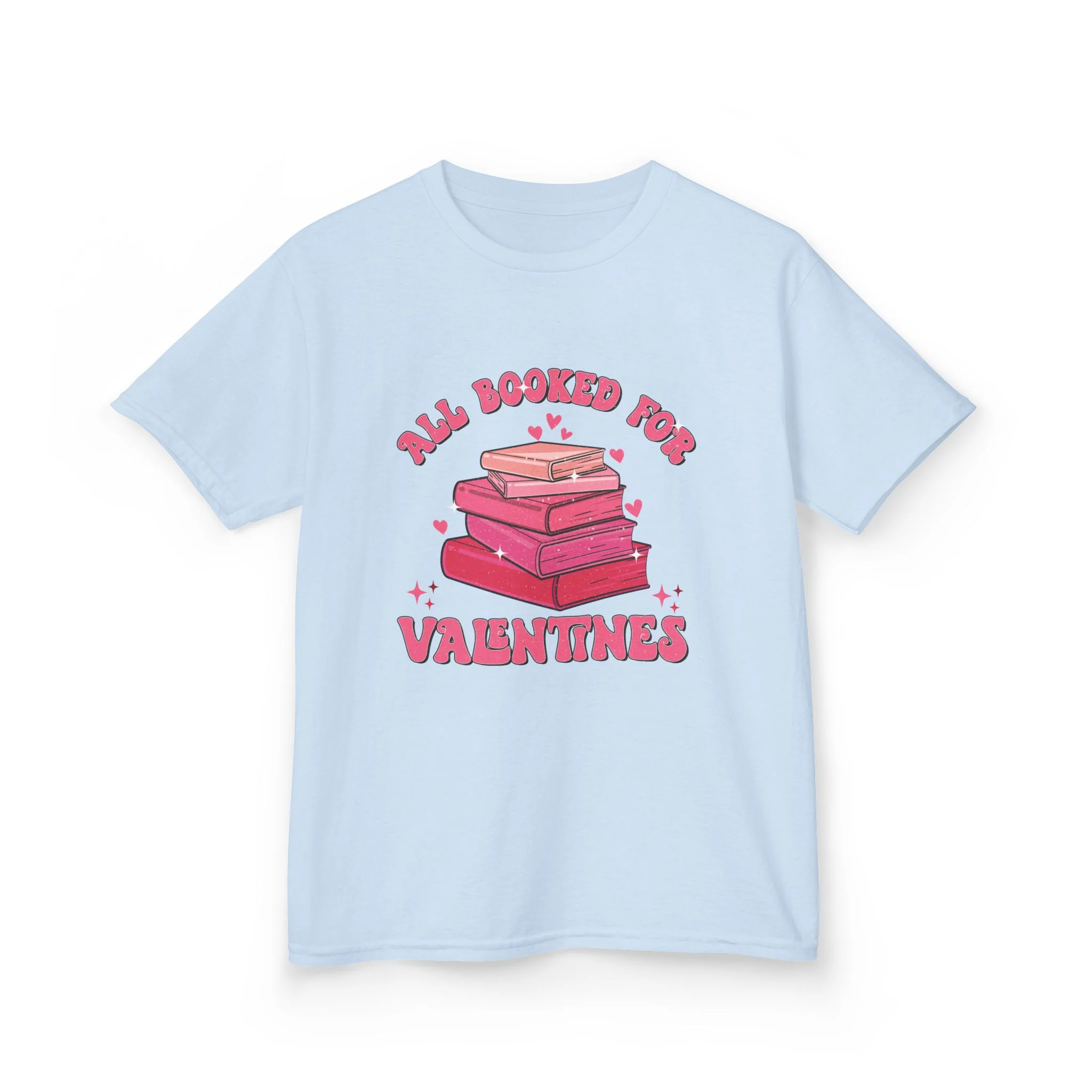 All Booked Up Valentines Kids Tee | Stack of Books, Pink Hearts