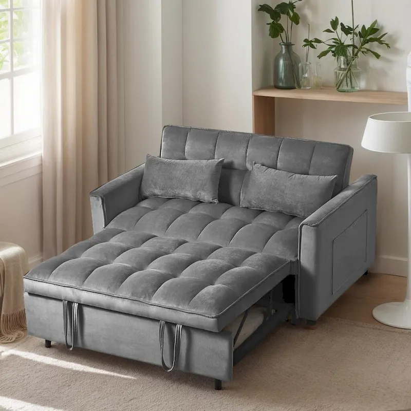 Modern Velvet Futon Loveseat with Reclining Backrest & Pockets, Seats 2 �?Dark Gray / Light Gray / Blue / Black