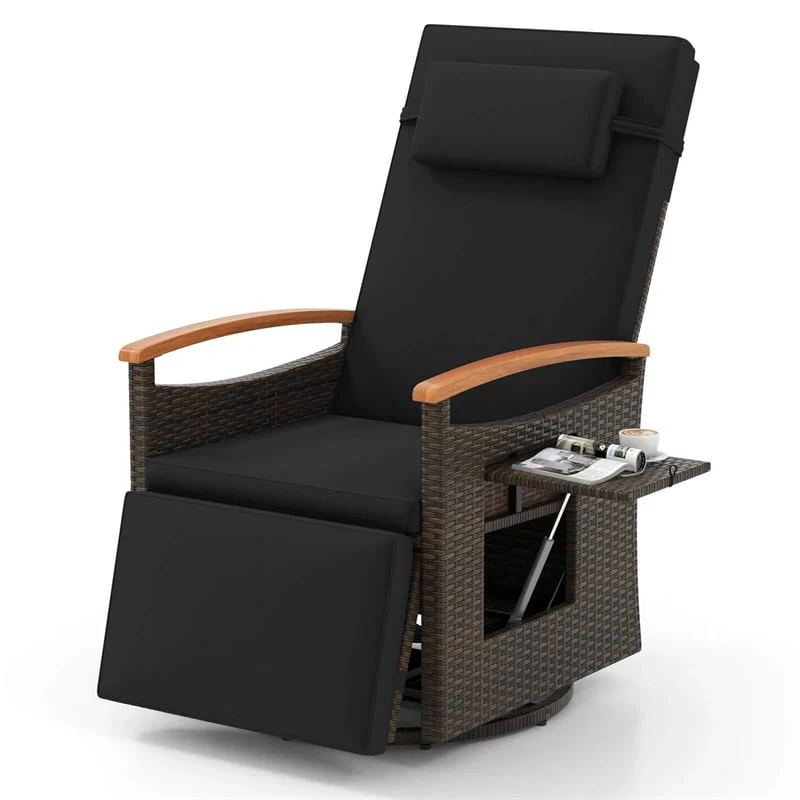 Outdoor Rattan 360° Swivel Recliner Chair, Patio Wicker Chaise Lounge Chair with Adjustable Backrest & Footrest, Flip Side Table & Cushions