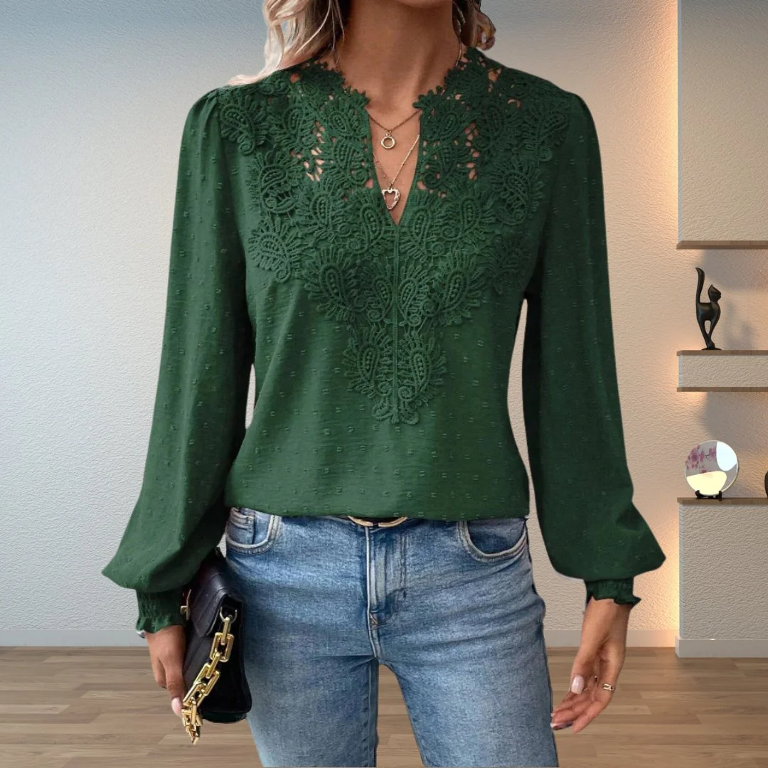 Women��s Lace-Bodice V-Neck Blouse with Smocked Cuffs and Long Sleeves