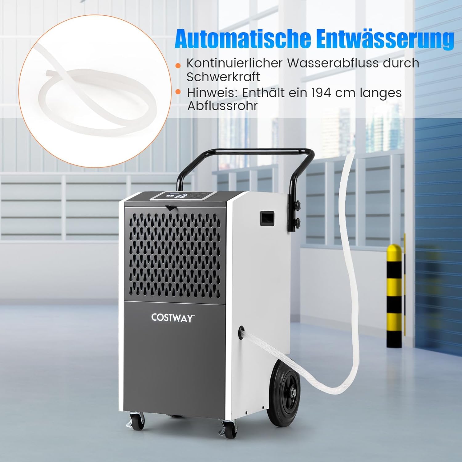 COSTWAY 73 L/Tag kommerzieller Luftentfeuchter, industrieller Bautrockner mit Ablaufschlauch & 24H Timer, tragbarer Entfeuchtungsgerät mit Rollen für Keller, Lager, Baustelle bis zu 695m³ (Weiß)