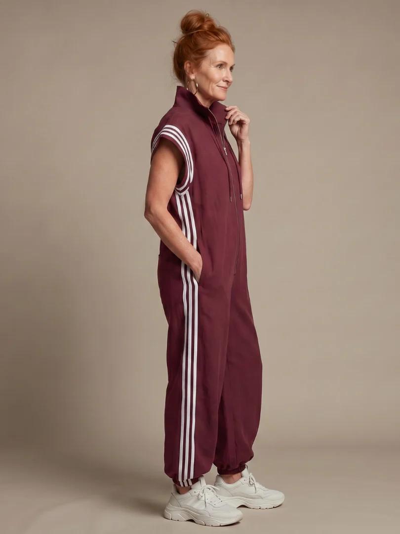 Women��s Zip Front Jumpsuit with Stripe Panel Detail