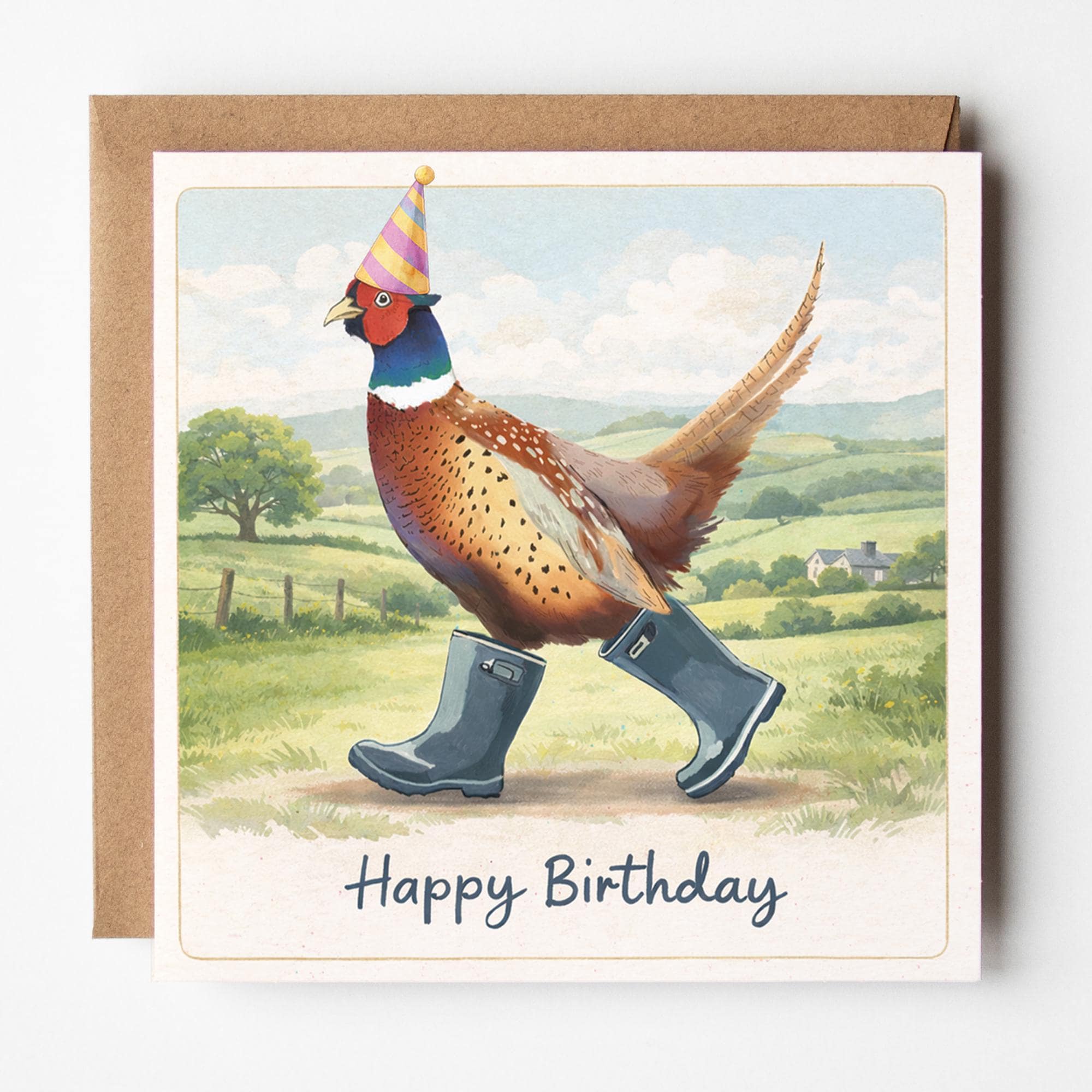 Pheasant in Wellies Birthday Card: Countryside Card, Funny, with Kraft envelope