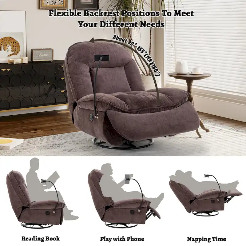 Clihome Adjustable Swivel Chenille Recliner with Phone Holder