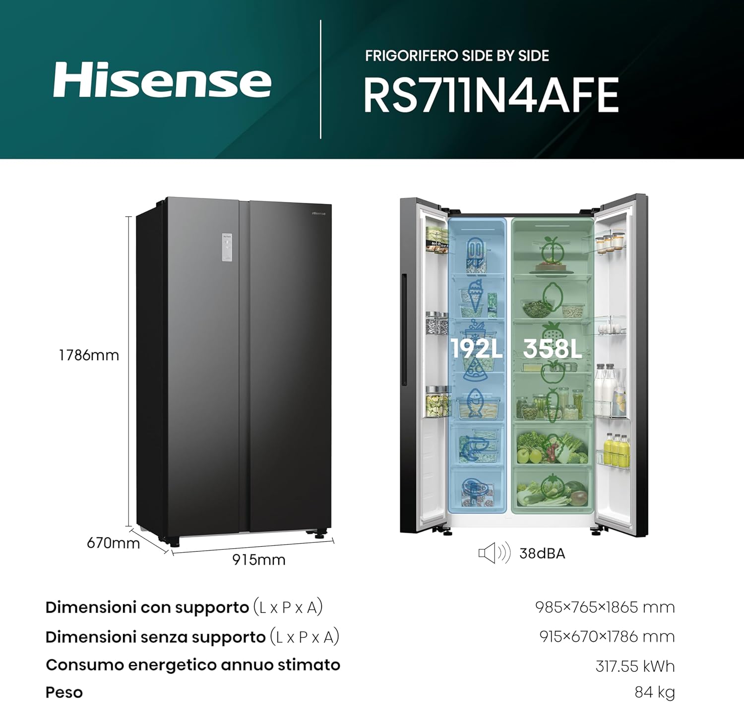 Hisense RS711N4AFE Frigorifero Side by Side, Grande capactià 550 litri, Nero, Total No Frost, Convert active zone, Classe E, Motore Inverter, Controllo Elettronico Touch, Cassetto Fresh Crisper