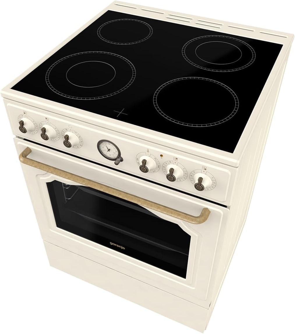 Gorenje Classico GECS 6 B70CLI - Stufa elettrica con piano cottura in vetroceramica, design retrò, 60 cm, 71 litri, chiusura delicata, riscaldamento rapido, AirFry/ExtraSteam/Pizza Mode/AquaClean