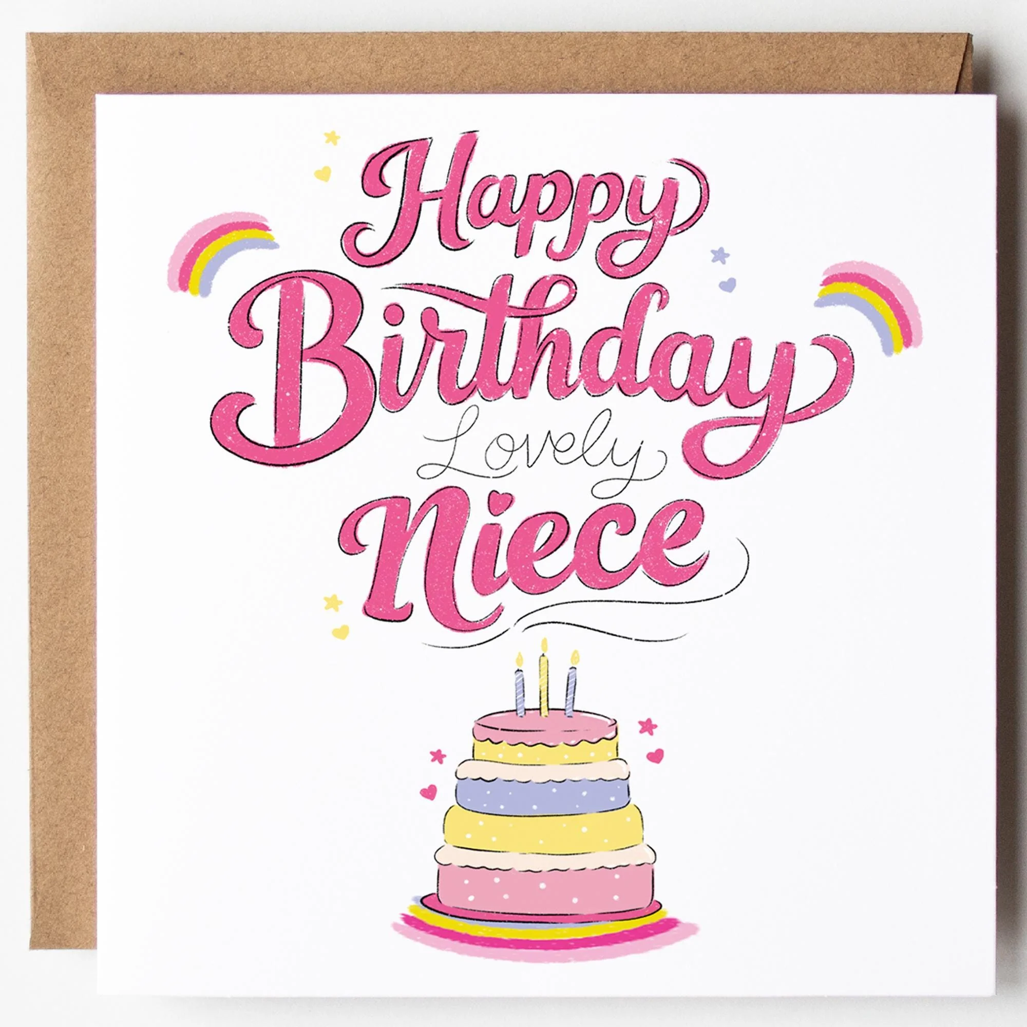 Lovely Niece Birthday Card; Pink Hearts with Kraft Envelope