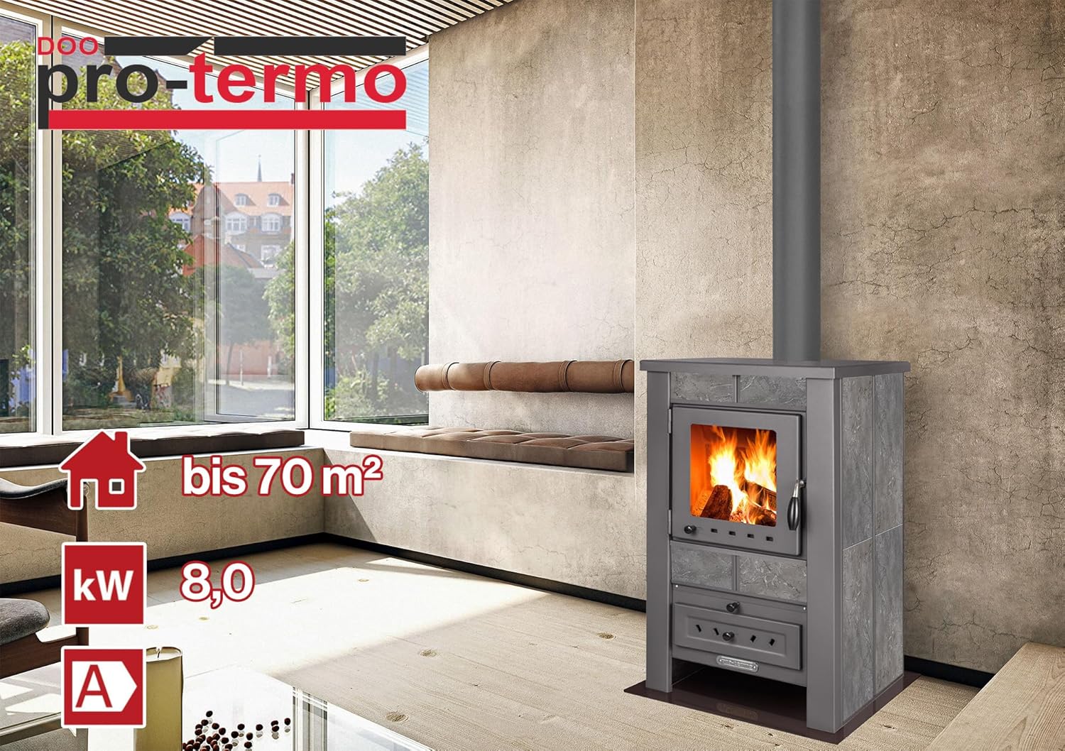 ProTermo Alpina G Anthrazit Kaminofen mit Schamottstein - 8 kW Heizleistung - Kaminofen Holzofen mit Sichtfenster, Bauart 1