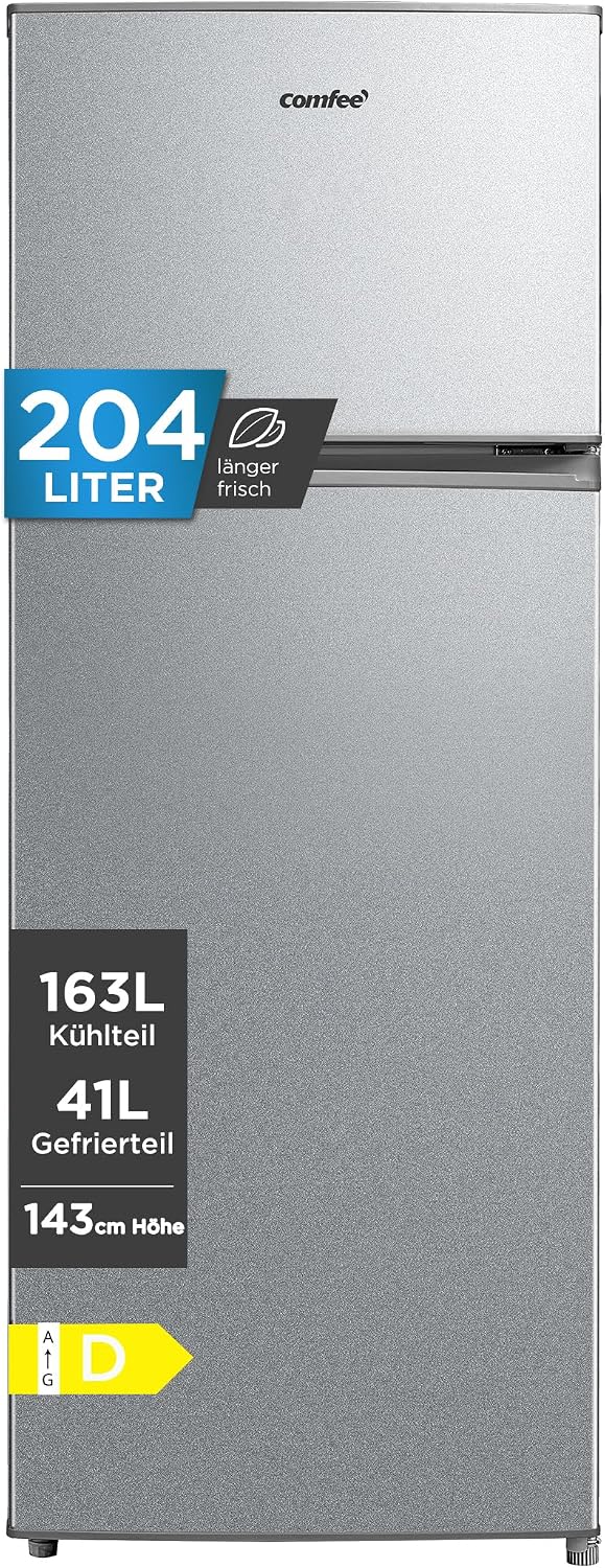 Comfee' Kühlschrank mit Gefrierfach | 204L Kühl-Gefrierkombination, 143 cm Höhe | 137 kWh/Jahr, Low Frost, Leise 39 dB, LED-Licht, Inverter Kompressor, Freistehend Silber RCT210DS3EU(E)