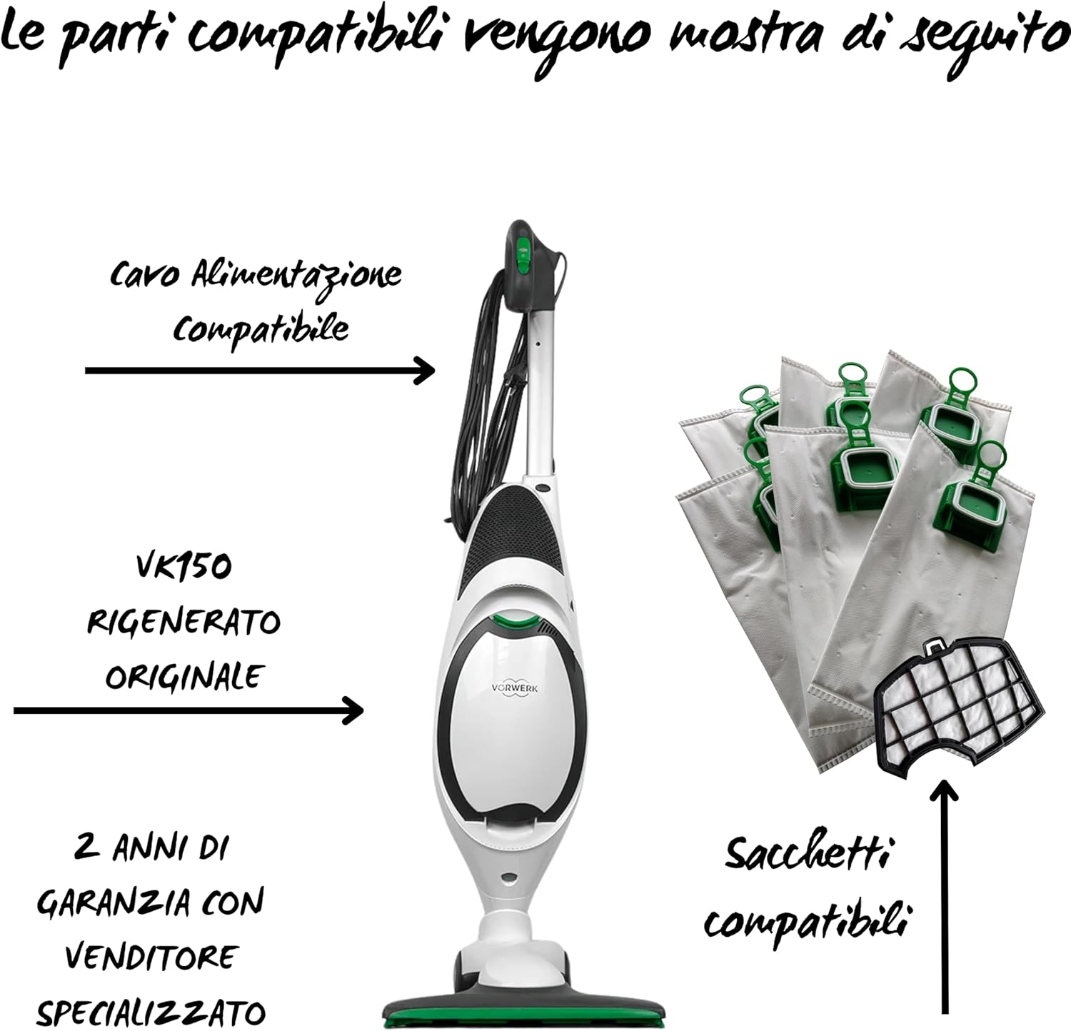 Aspirapolvere -FOLLETTO- VK150 NUOVA + Aspirabriciole (BIANCO O NERO SECONDO DISPONIBILITA) + HD50 - MOTORE ULTRA POTENTE + 6 SACCHETTI COMPATIBILI