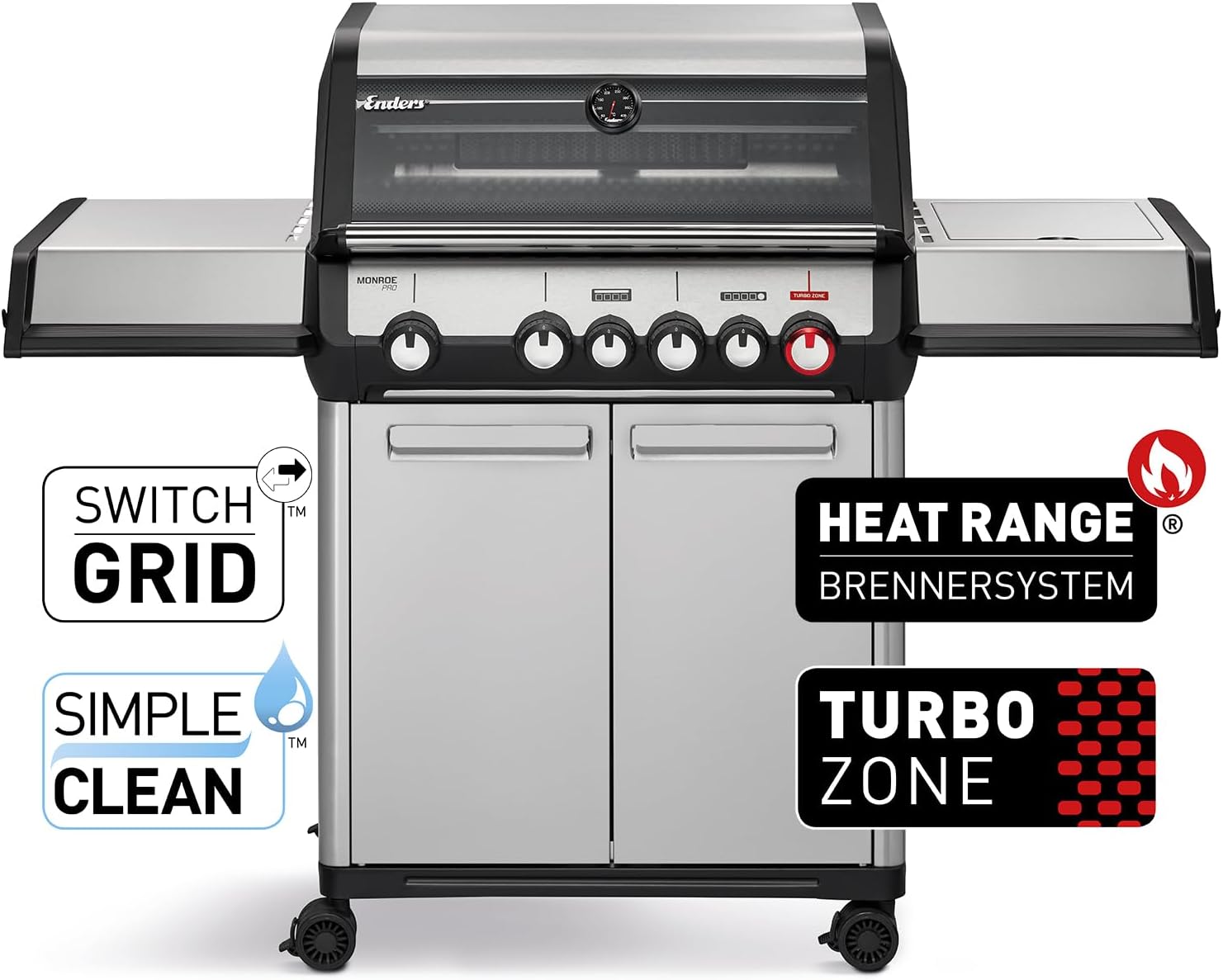 Enders® Gasgrill Monroe Pro 4 SIKR Turbo, 4-Brenner, mit Kocher und Infrarot-Heckbrenner, PanoVision Sichtfenster, Gussrost, Aluguss Grill, 800 °C TURBO ZONE™, SIMPLE CLEAN™, #8362