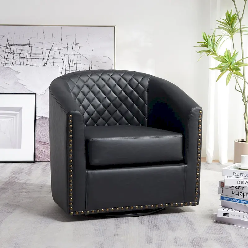 KINWELL 29 Wide Tufted PU Leather Swivel Barrel Chair