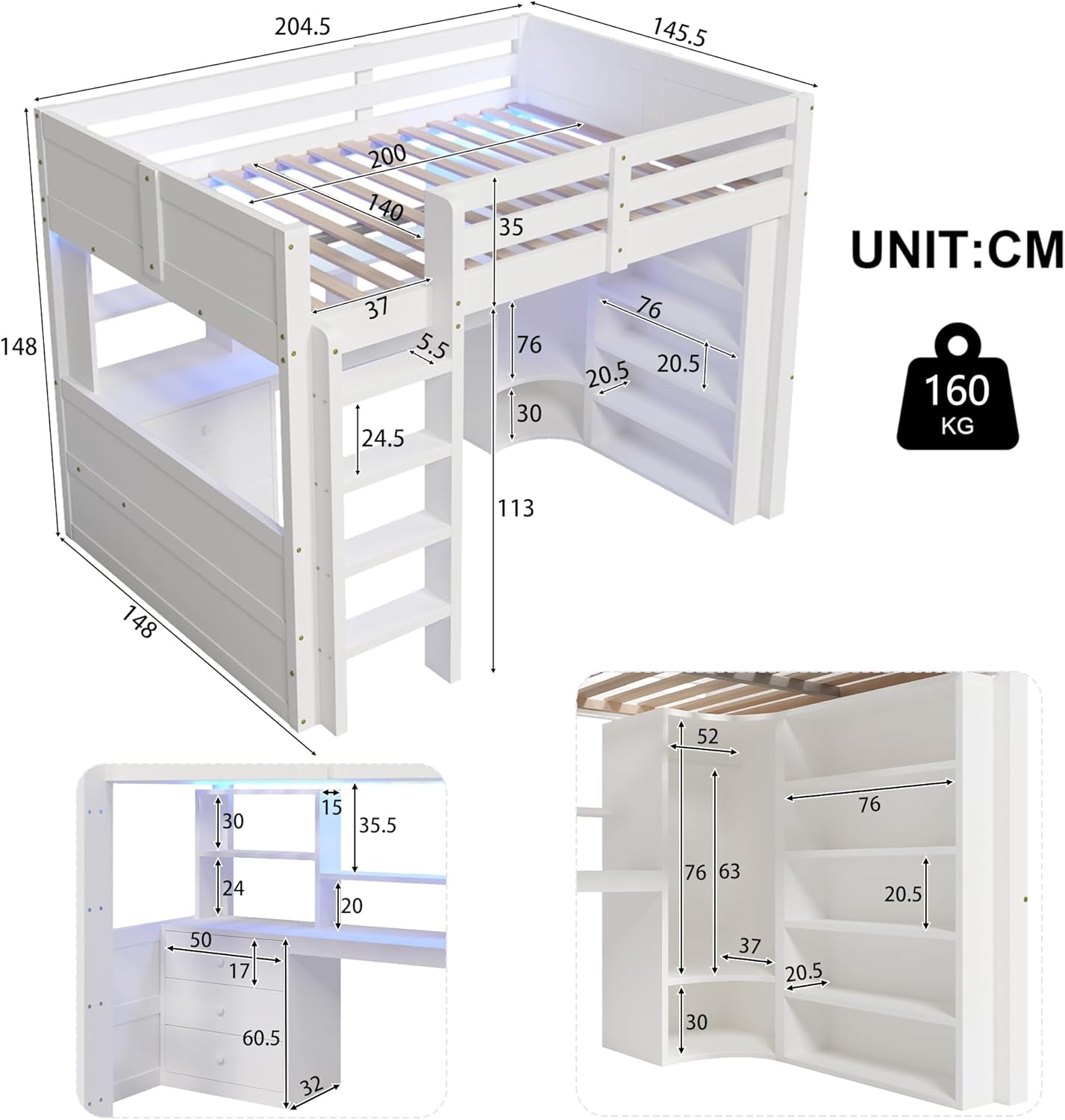 Letto a soppalco, 140 x 200 cm, bianco, con armadio, scrivania, cassetti, vano portaoggetti, senza materasso