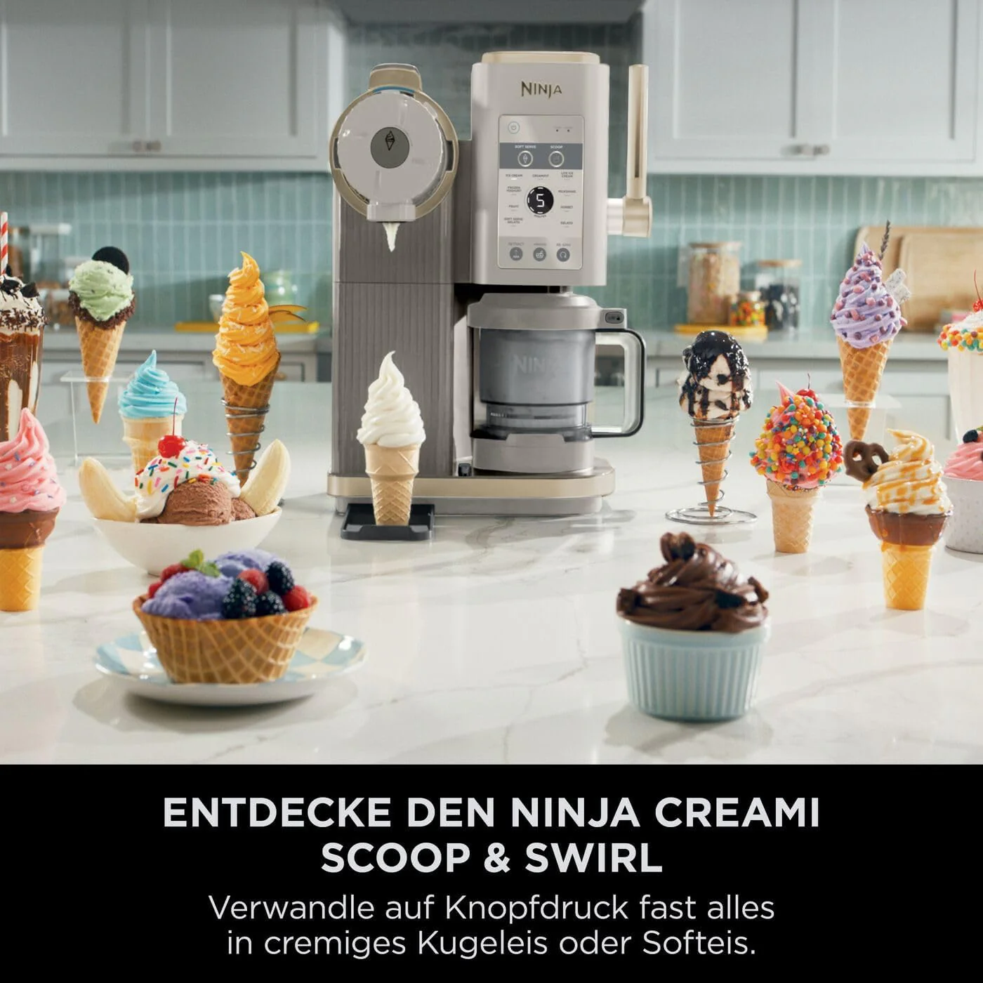Ninja CREAMi Scoop & Swirl fagylaltkészítő gép, 2 tállal, 13 funkcióval, fagylalt, lágyfagylalt, gelato, szorbet, turmixok és egyebek készítéséhez, belekeverés funkcióval, Stone Gold NC701EUSTGD