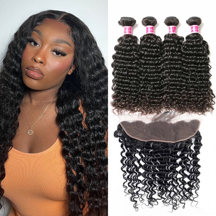 Brazilian Hair 4 Bundles With 13X4 Lace Frontal Deep Wave 10A Grade Natural Color Hair Weaves