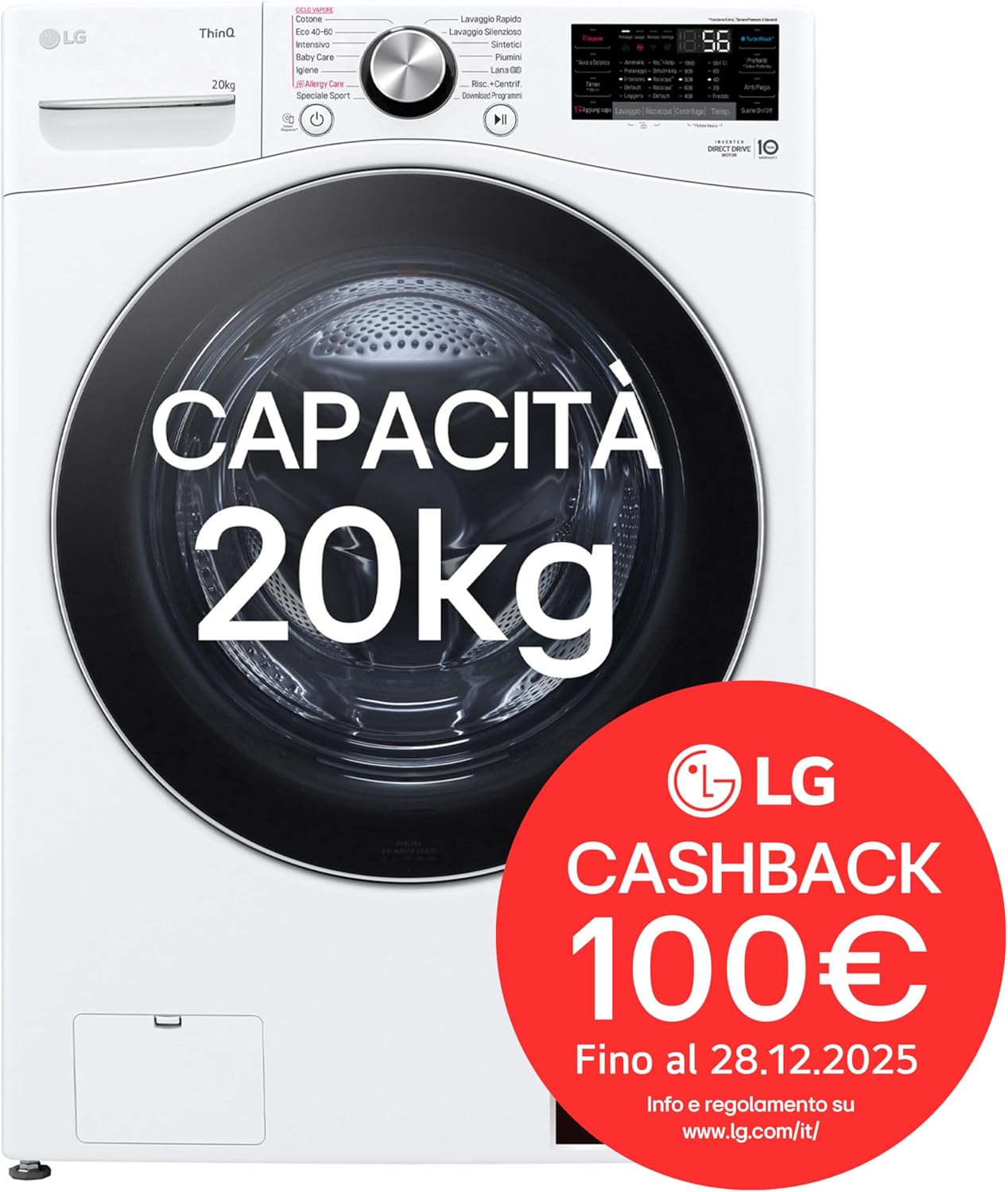 LG AI DD F0P3020TSWC Lavatrice 20kg, a Carica Frontale, Capacità XL Serie P3, Classe B, 1000 Giri, TurboWash 360, Vapore, Wi-Fi, Motore Inverter Direct Drive, Libera installazione, Bianco