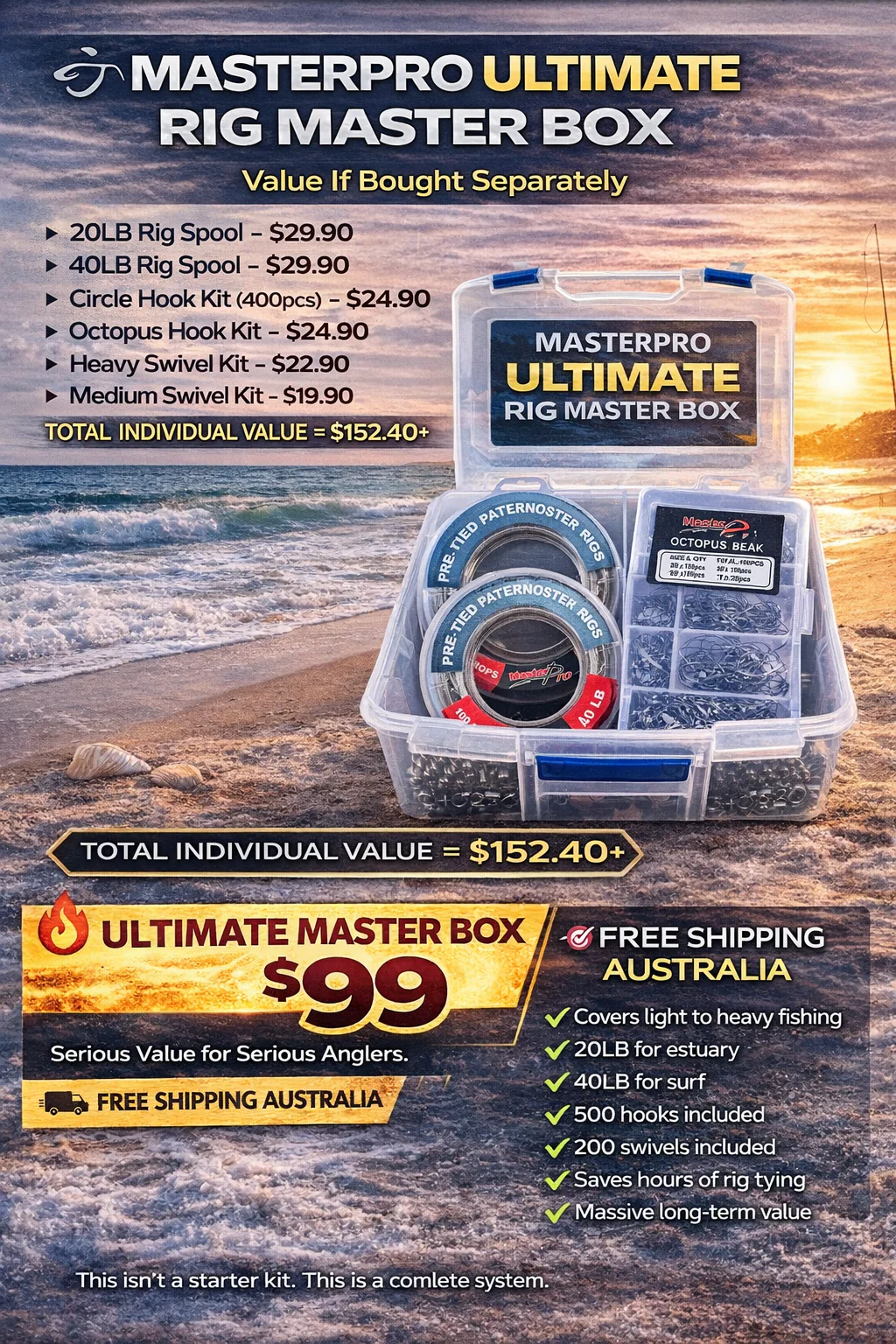 MASTERPRO Ultimate Fishing Rig Kit 20LB 40LB Paternoster 500 Hooks Swivels AU