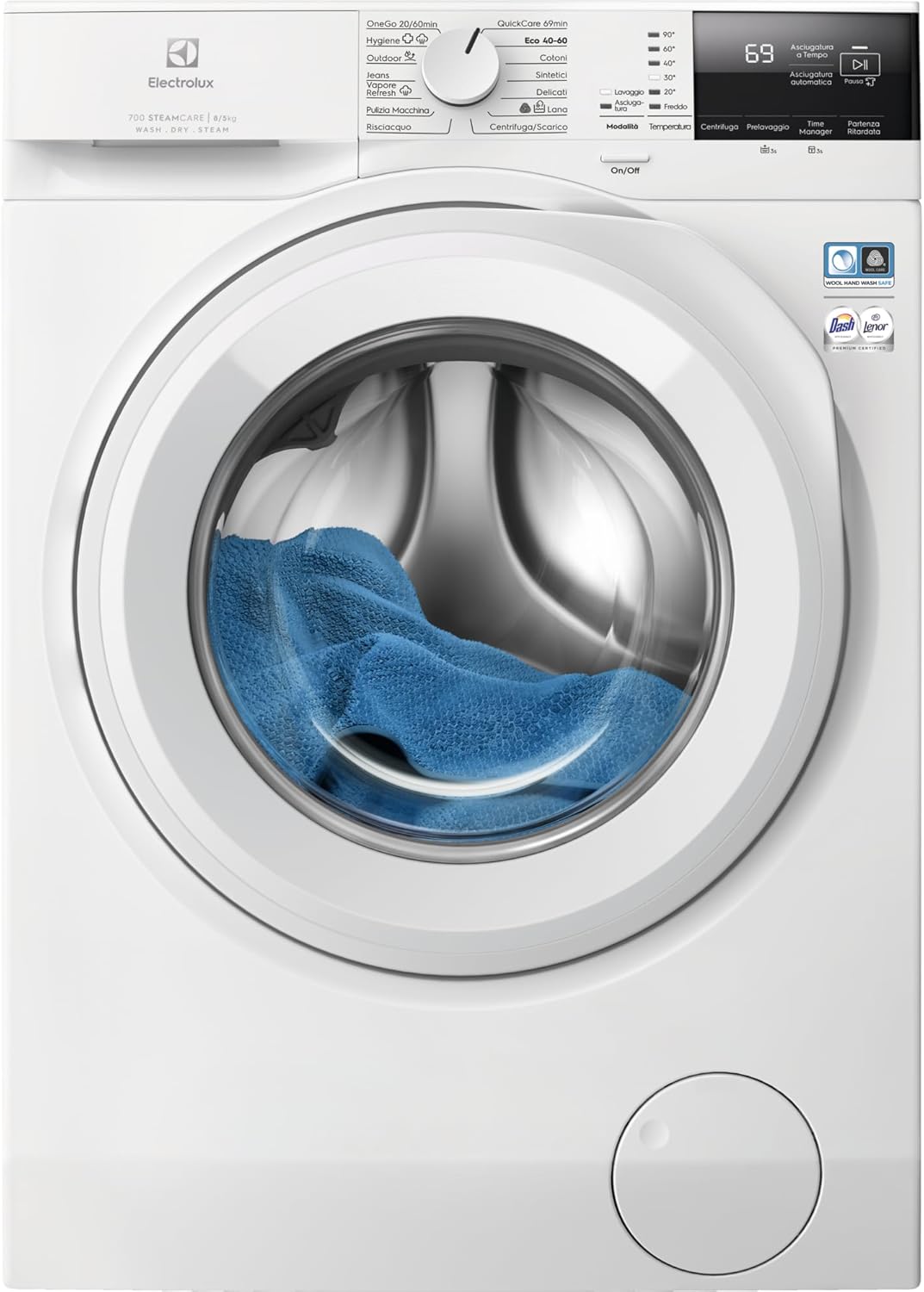 Electrolux Lavasciuga SteamCare 700, 8kg, 1400 giri/min, Tecnologia DualCare, Vapore Refresh, CareDrum, Facile da usare, Risparmio Energetico, Bianco, Frontale