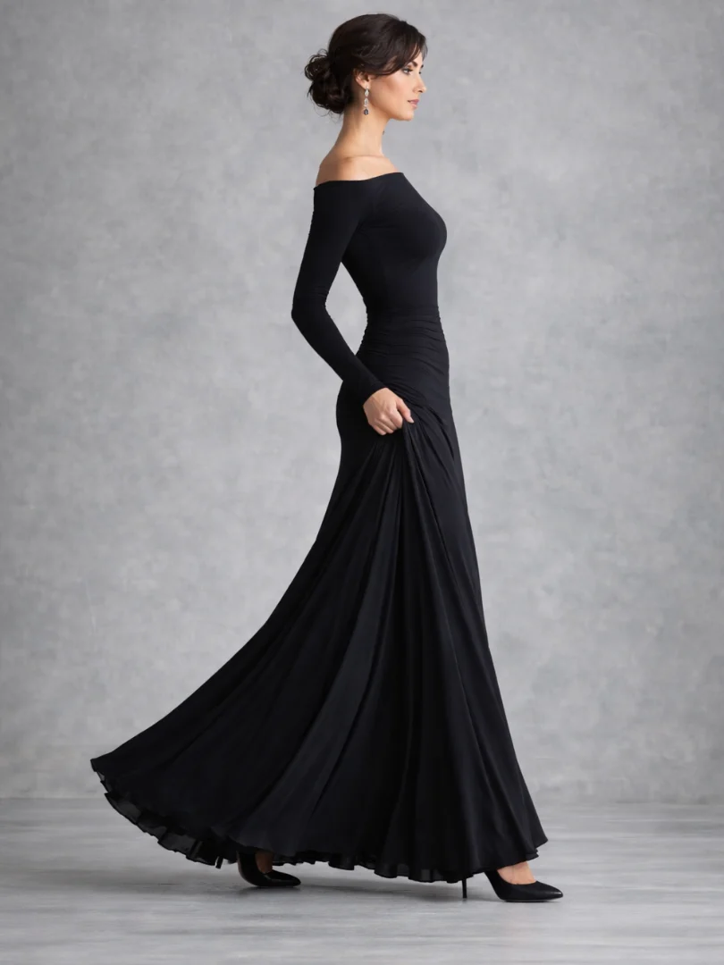 Womena??s Elegant Draped Maxi Dress with Long Sleeves