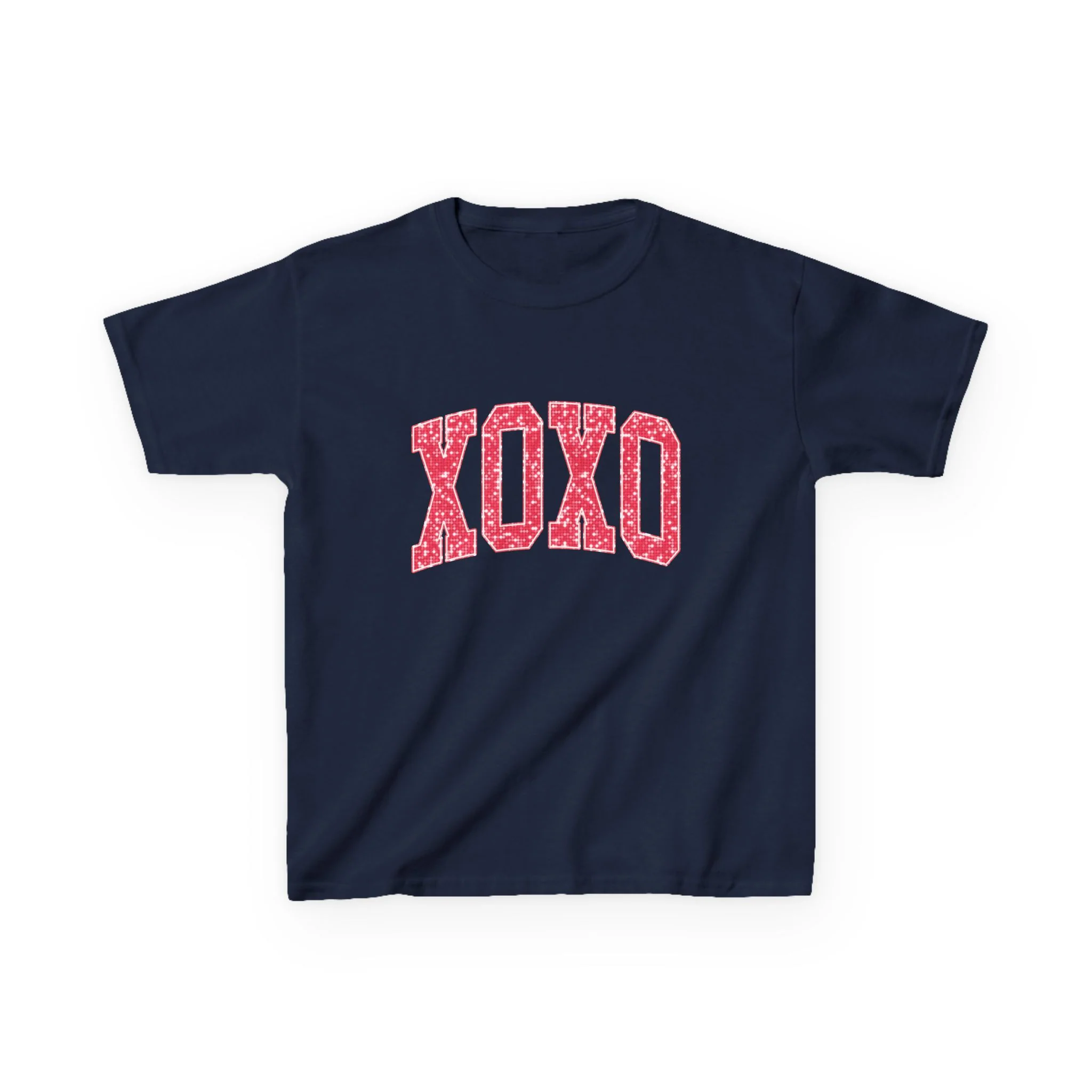 XOXO Kids Tee, Valentine Heart Pattern, Pink Lettering