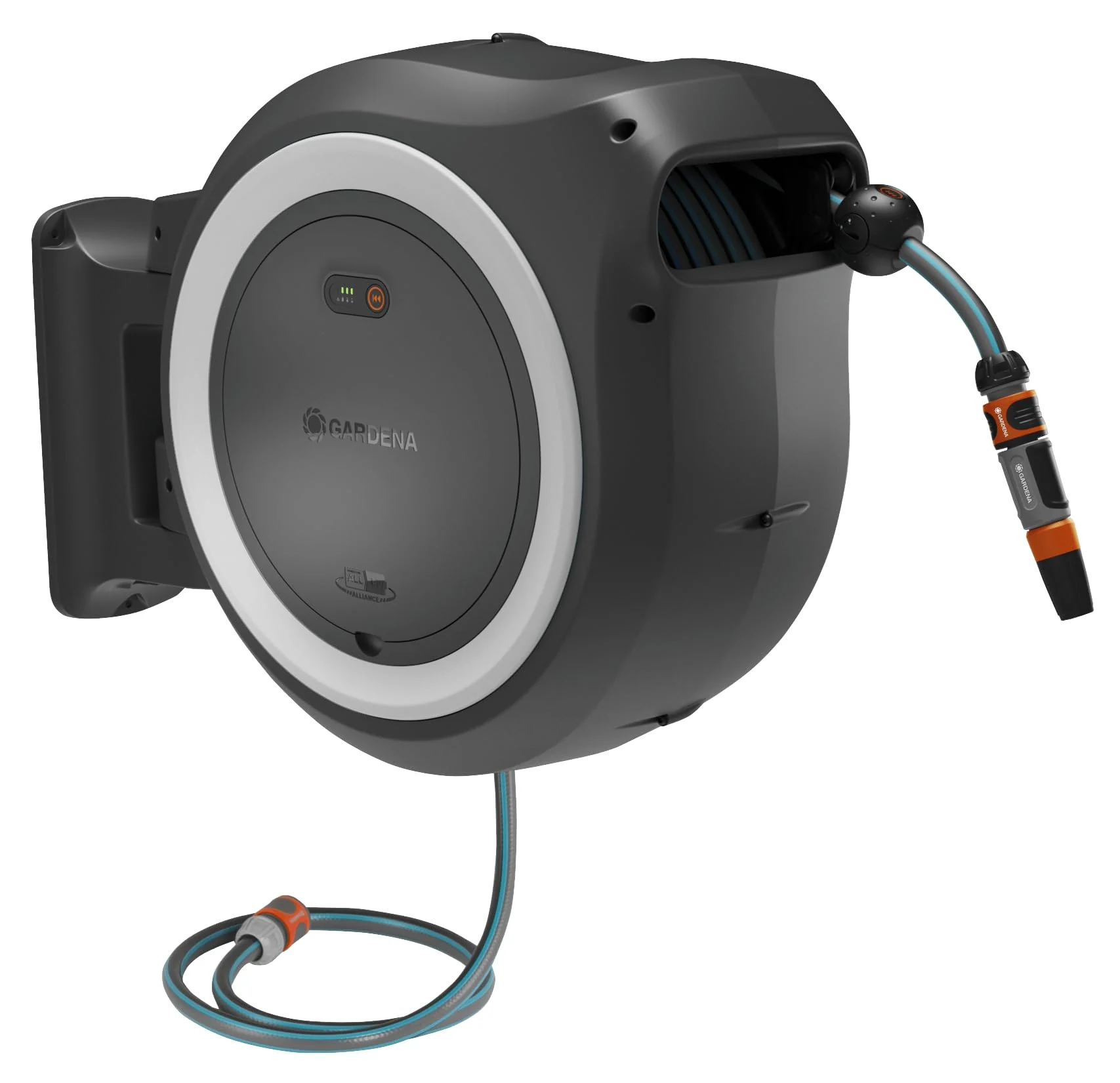 Gardena Avvolgitubo a parete a batteria PowerRoll XL Set pronto all’uso: Avvolgitubo automatico con 35 m di tubo da giardino, guida tubo e RollControll, set completo con batteria (18642-20)