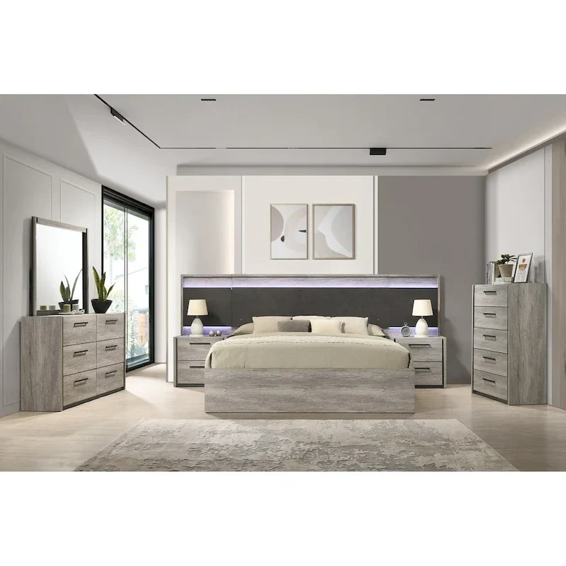 LED Wallbed Bedroom Set with Nightstands, Dresser, Mirror and Chest - Weathered Gray