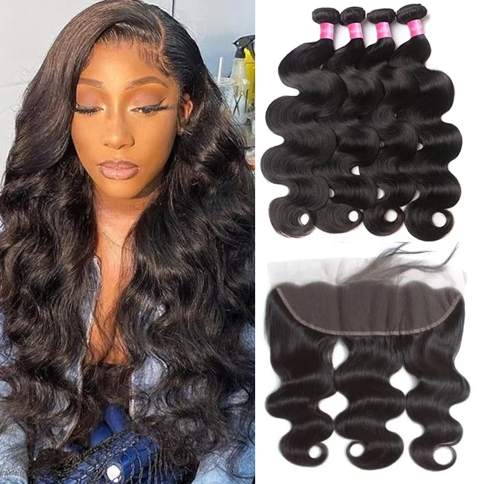 Brazilian Hair Body Wave 4 Bundles With 13X4 Lace Frontal 8A Grade Natural Color Hair Weaves