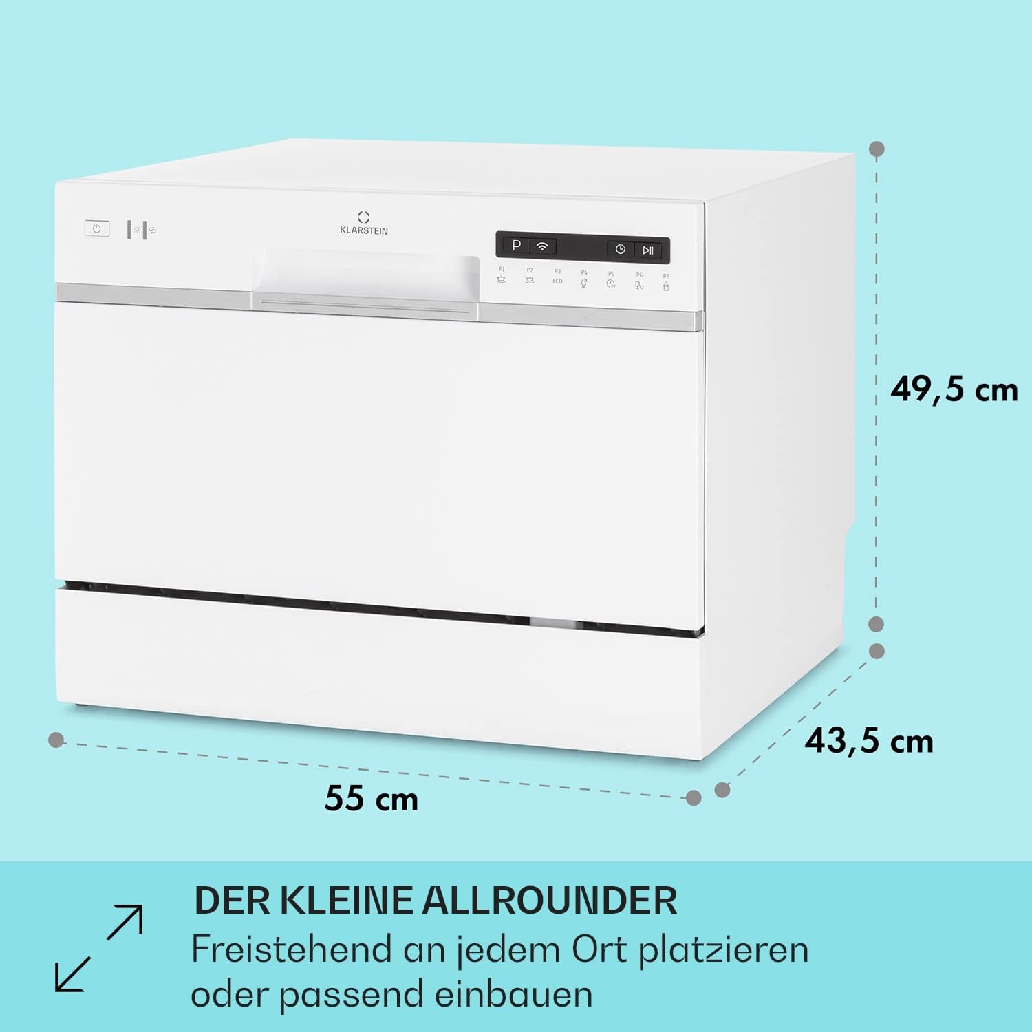 Klarstein ia 8 - Spülmaschine, Geschirrspüler, Freistehend, Teilintegriert, F, 55 cm breit, 8 Maßgedecke, 6 Programme, Aquastop, silber