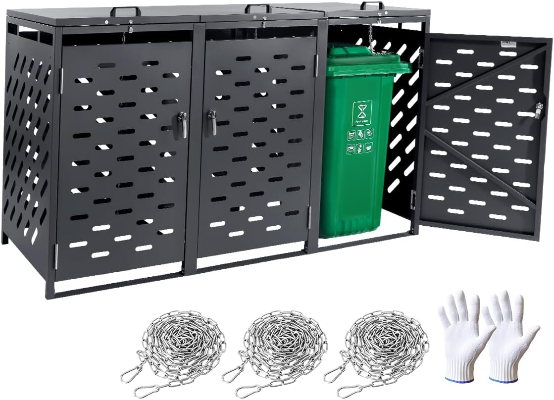 VEVOR Abri pour poubelles, 3 x 240 L, Rangement pour poubelles Horizontal, avec Couvercle à chaîne, boîte de Rangement à poubelles d'extérieur, étanche et verrouillable, pour Jardin, Cour et terrasse