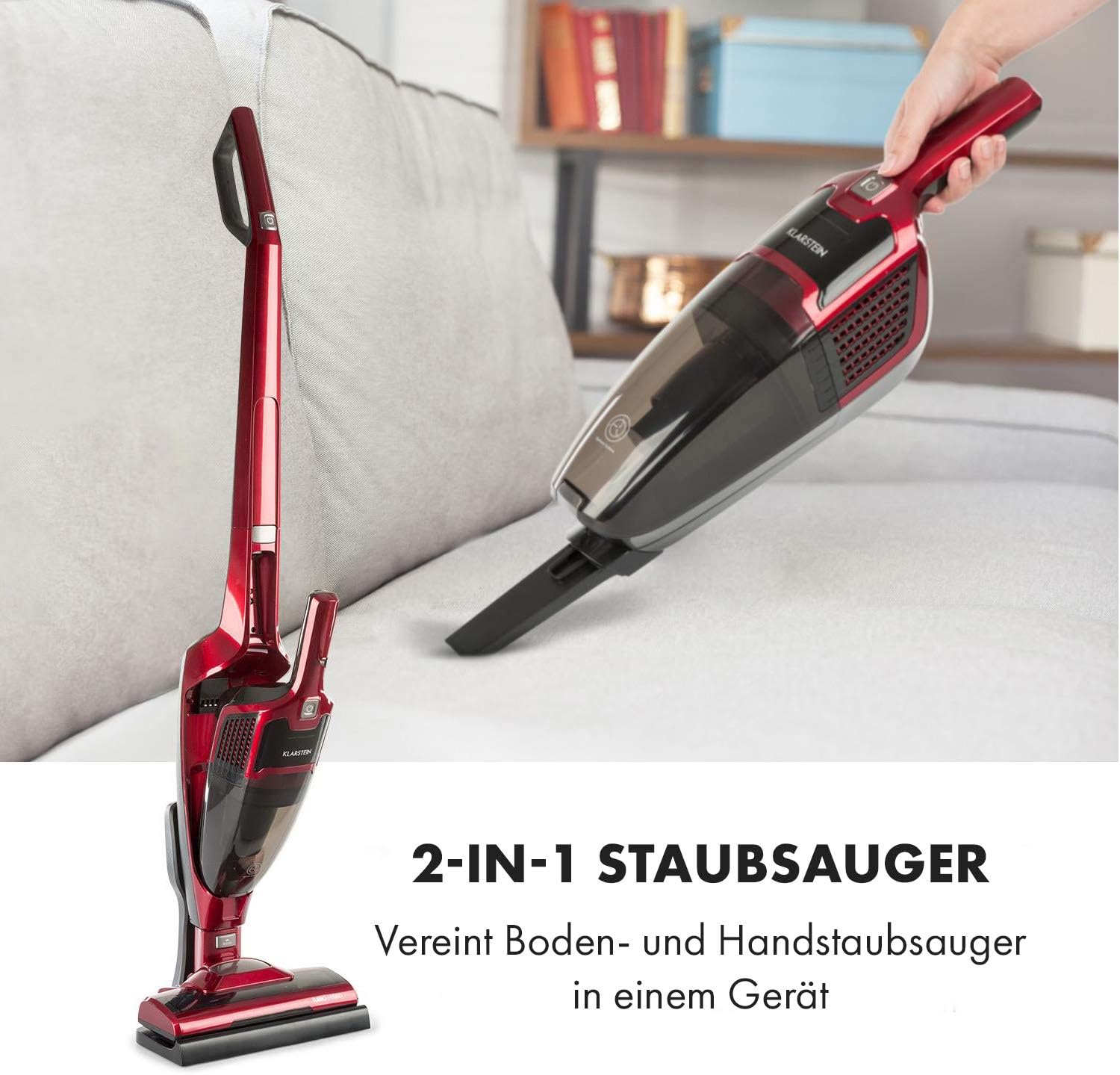 Klarstein TurboHybrid Zyklon Staubsauger, Akku Staubsauger, Staubsauger Kabellos für 50min Betriebsdauer (2 Saugstufen, Handstaubsauger, platzsparend, Li-Ion) metallic-rot