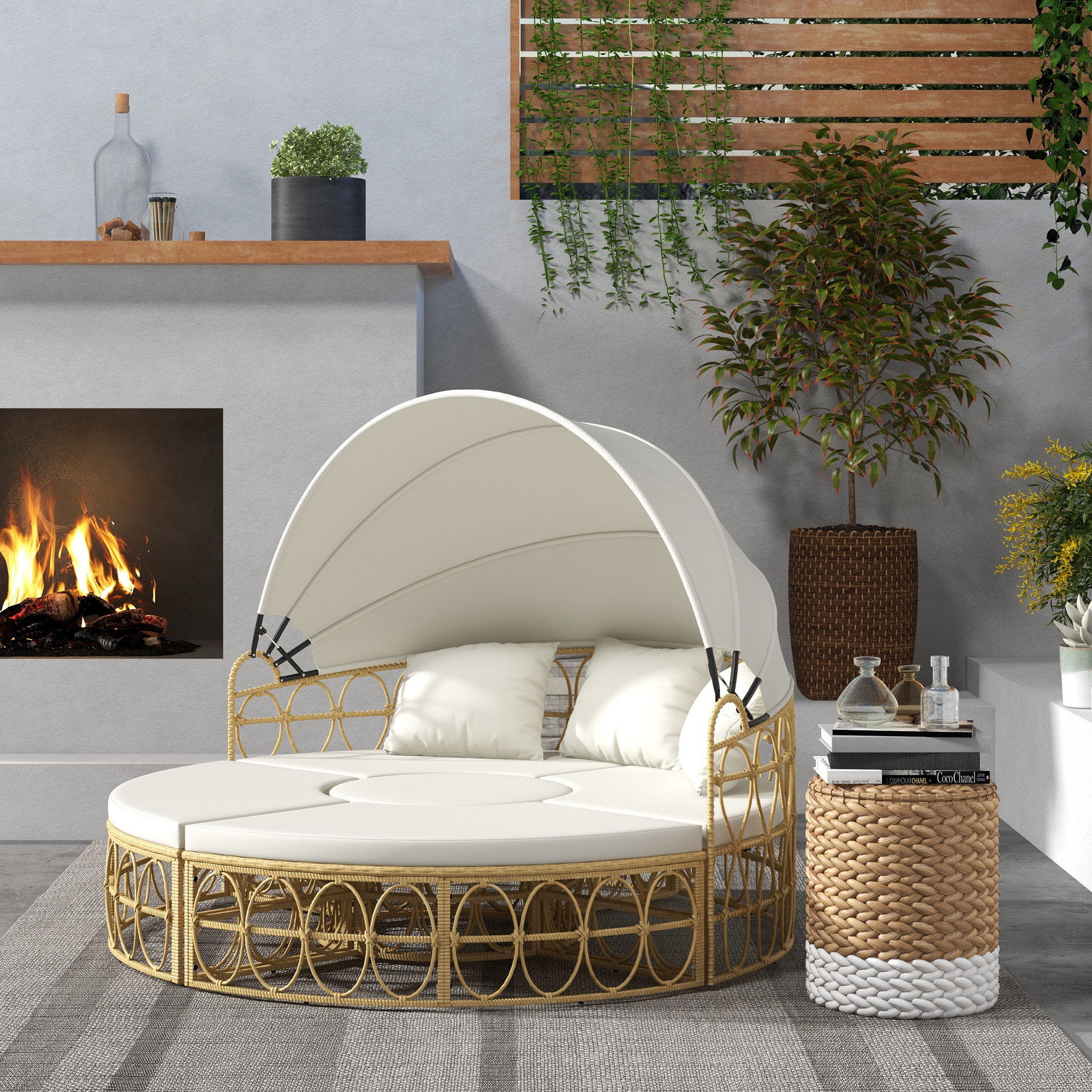 Outsunny Loungeset met uitschuifbaar dak, 4-delig, inclusief 5 kussens, rattanlook, 178B x 85T x 66,5H cm, beige