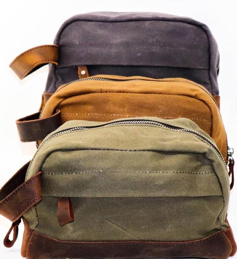 Waxed Canvas and Leather Dopp Bag, Cognac