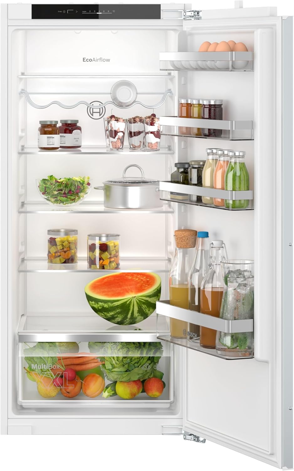 Bosch KIR41VFE0 Serie 4, Einbau-Kühlschrank, 122.5 x 56 cm Nische, 204 L, Flachscharnier, Made in Germany, FreshSense - konstante Innentemperatur, Multibox XXL- viel Platz für Obst und Gemüse, Weiß