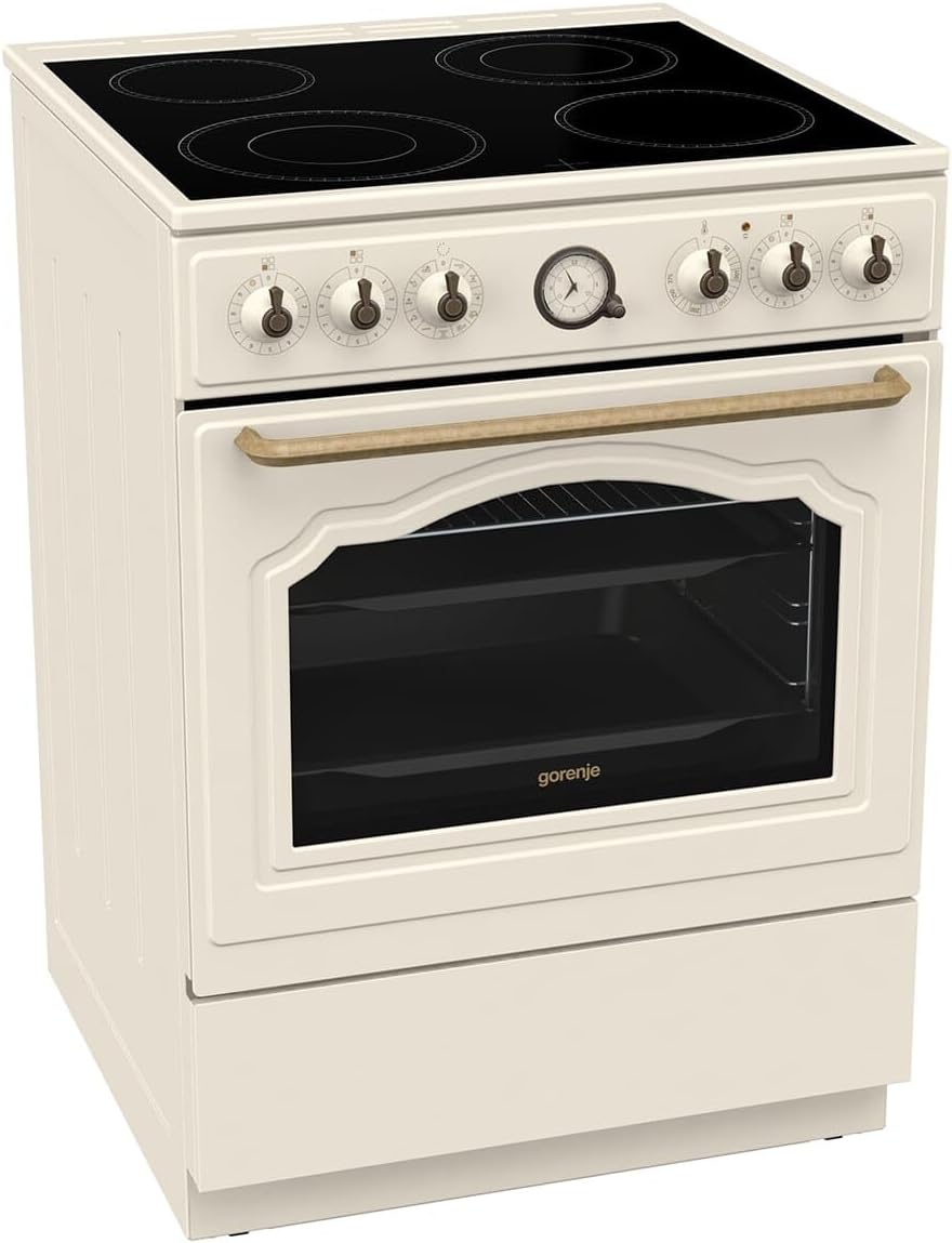 Gorenje Classico GECS 6 B70CLI - Stufa elettrica con piano cottura in vetroceramica, design retrò, 60 cm, 71 litri, chiusura delicata, riscaldamento rapido, AirFry/ExtraSteam/Pizza Mode/AquaClean