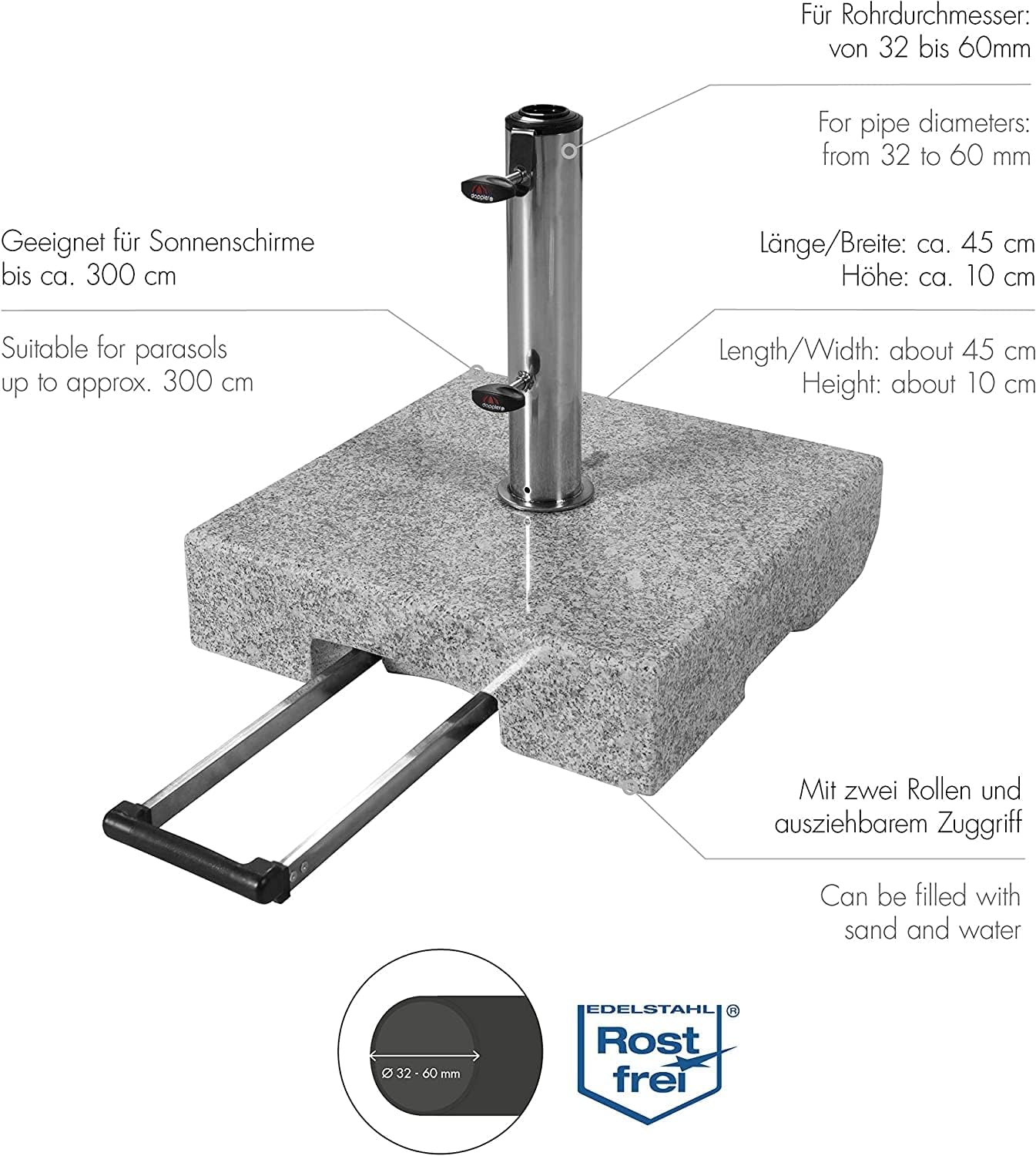 Doppler Trolley gránit talp 45kg kerekekkel I Napernyőtalp max. 250cm ernyőátmérőjű és 3,2-6,0cm rúdátmérőjű napernyőkhöz I Napernyőtalp kihúzható fogantyúval
