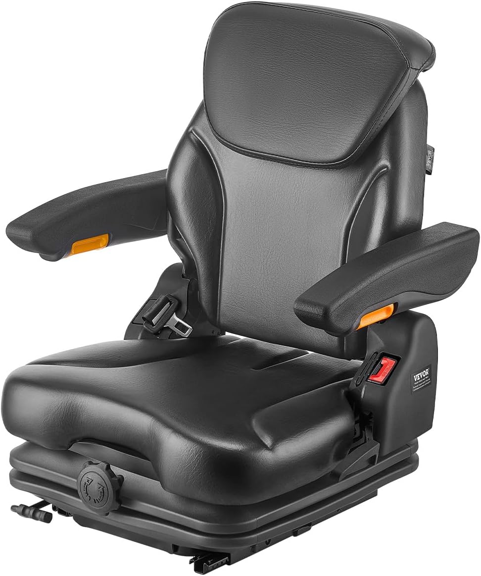 VEVOR Universal Forklift Seat with Adjustable Backrest, Armrest, Headrest and Safety Belt, Safe Folding Tractor Seat with Micro Switch for Lawnmowers