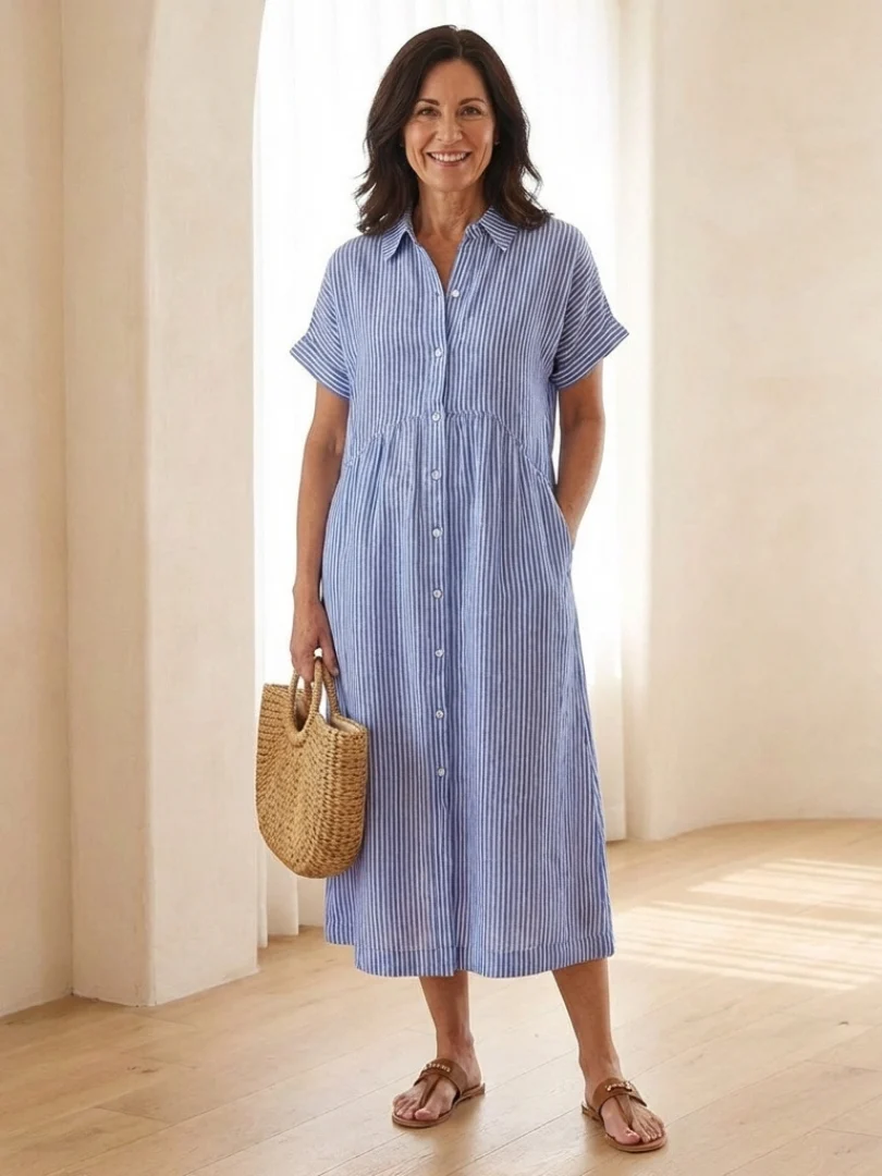 Women��s Striped Midi Dress Button Front Short Sleeve Casual Summer Style