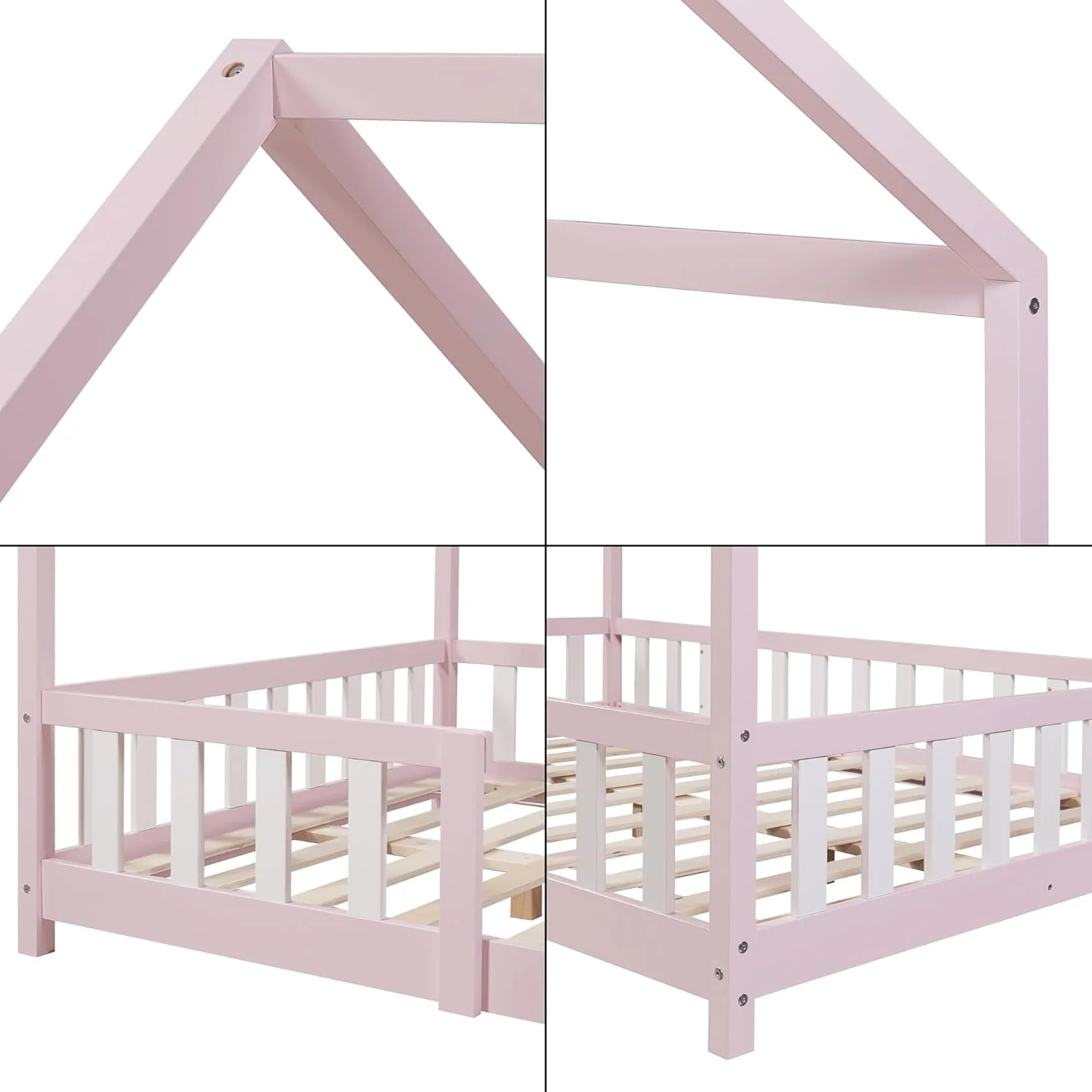 [en.casa] Letto per bambini Sisimiut a capanna 80 x 160 cm con protezione anticaduta letto in legno per bambini letto a terra rete a doghe in legno di pino Bianco opaco
